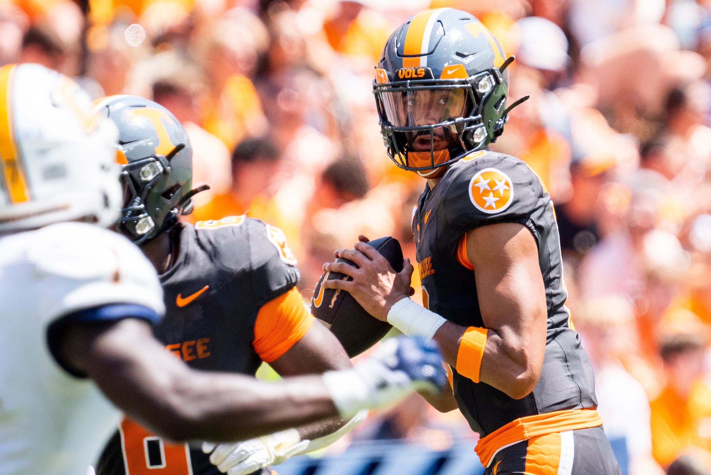 Tennessee quarterback Nico Iamaleava (8) looks to throw during Tennessee's game against Chattanooga in Neyland Stadium in Knoxville on Saturday, Aug. 31, 2024.