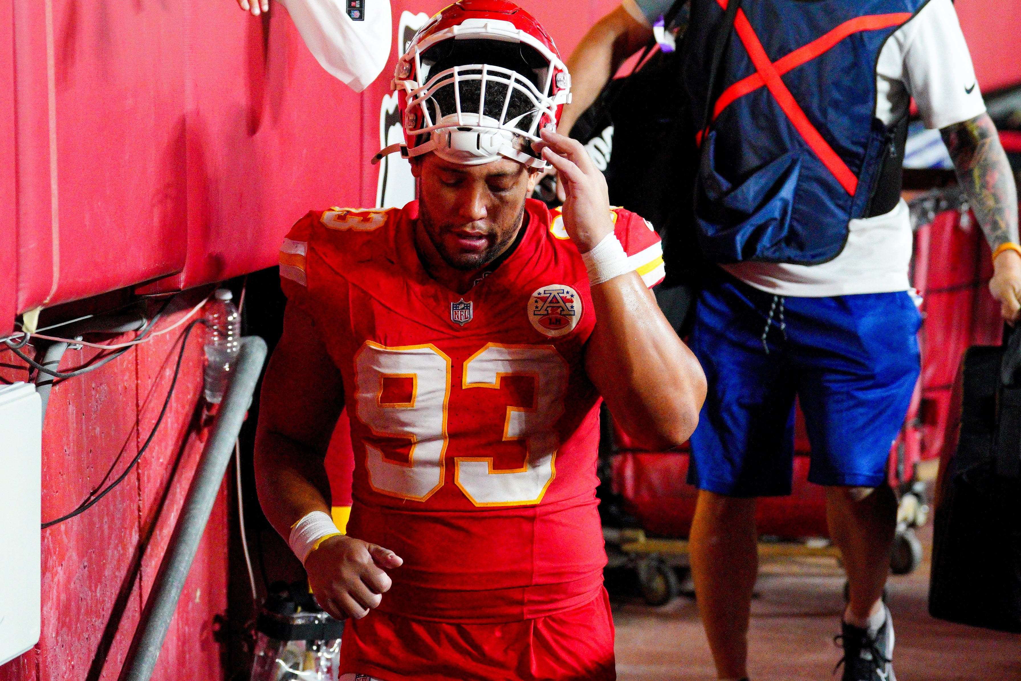 Aug 22, 2024; Kansas City, Missouri, USA; Kansas City Chiefs defensive tackle Matt Dickerson (93) leaves the field after the game against the Chicago Bears at GEHA Field at Arrowhead Stadium.