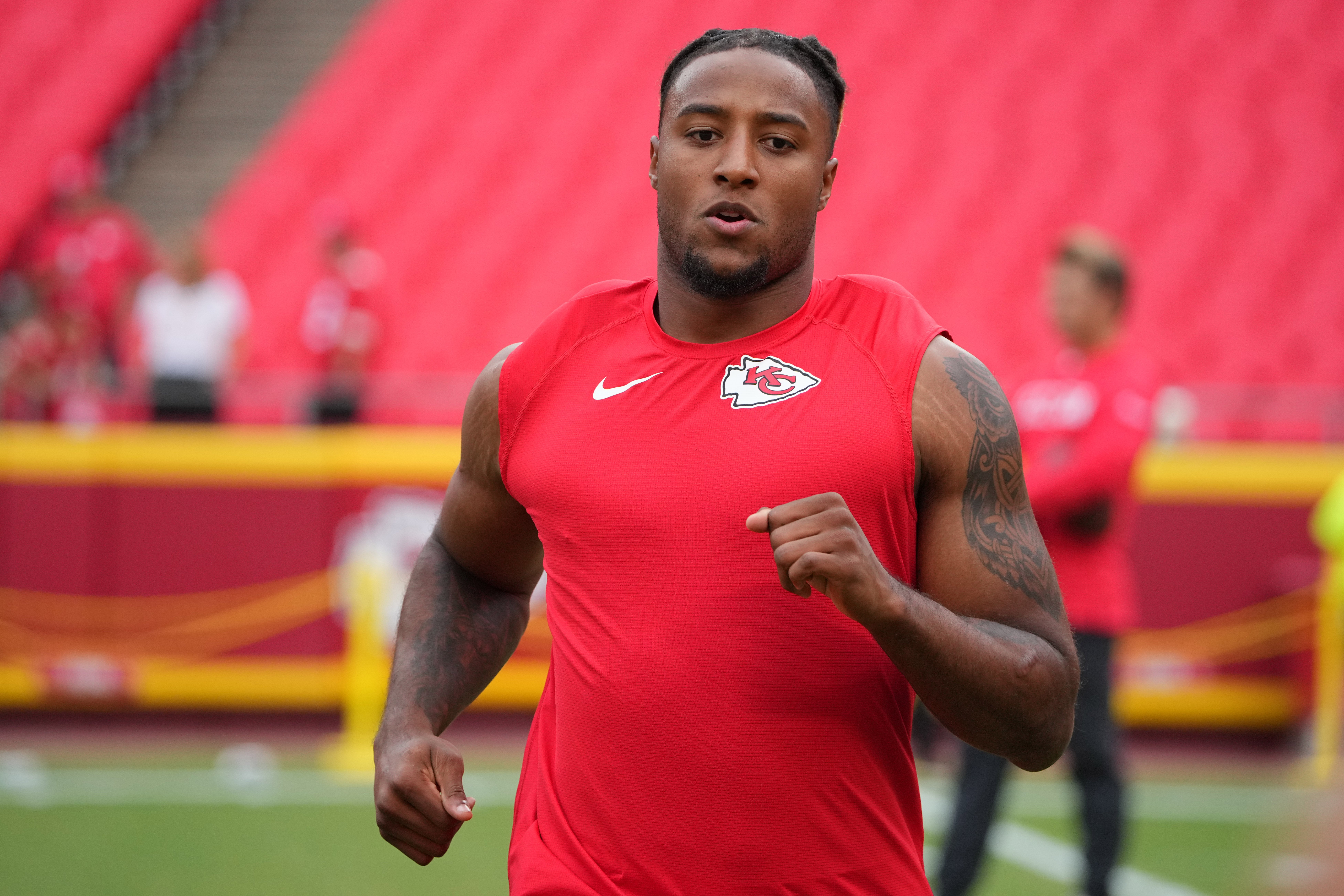 Aug 22, 2024; Kansas City, Missouri, USA; Kansas City Chiefs safety Justin Reid (20) warms up against the Chicago Bears prior to a game at GEHA Field at Arrowhead Stadium.