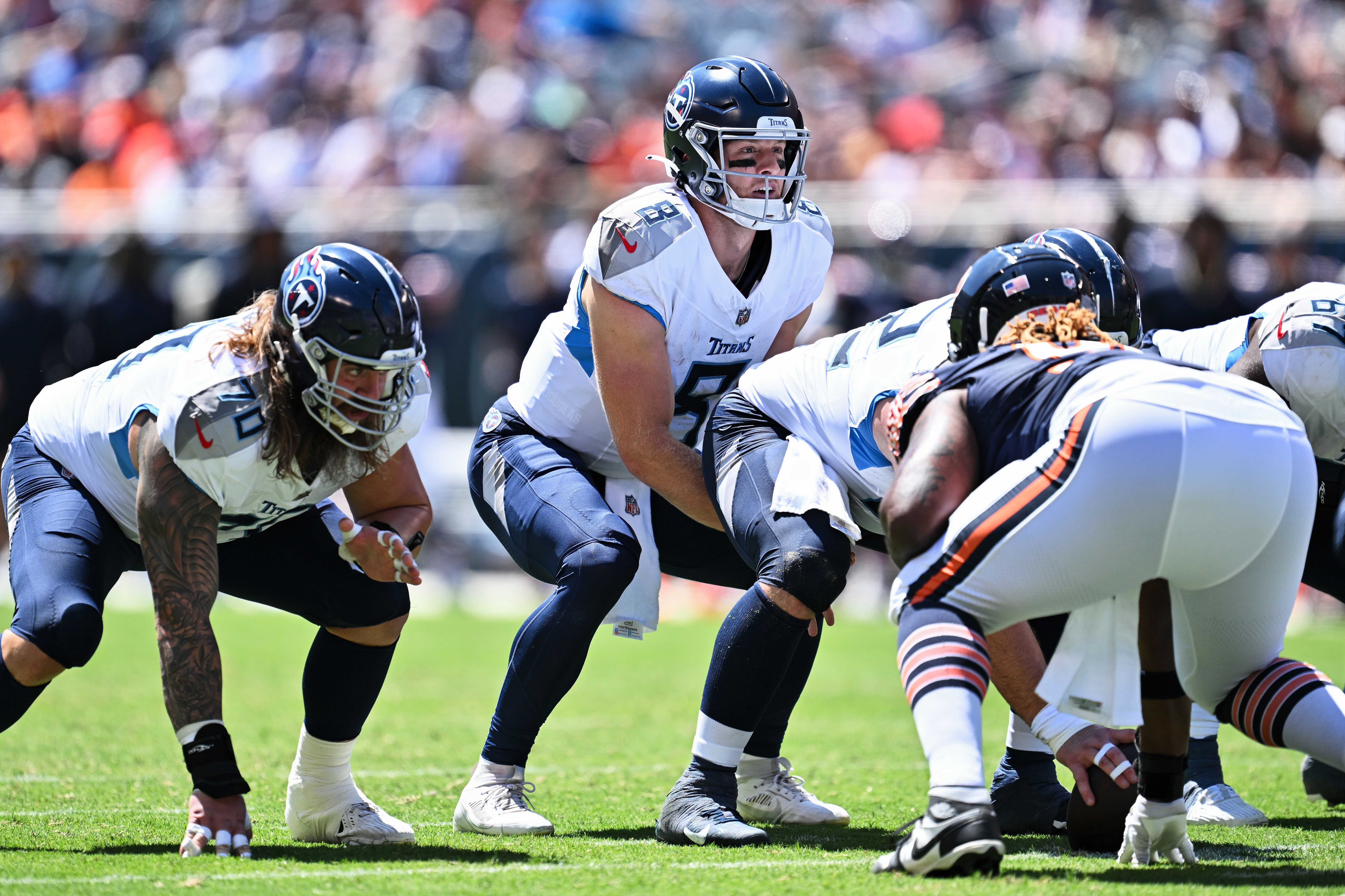 Tennessee Titans quarterback Will Levis (8) calls signals against the Chicago Bears at Soldier Field. Jamie Sabau-USA TODAY Sports