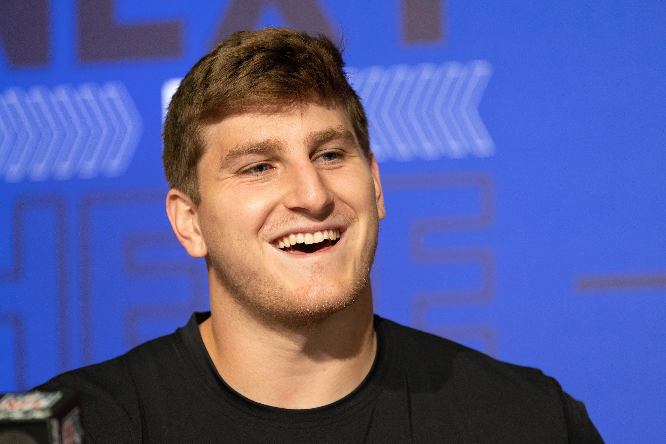 Mar 4, 2022; Indianapolis, IN, USA; San Diego State defensive lineman Cameron Thomas (DL46) talks to the media during the 2022 NFL Combine.