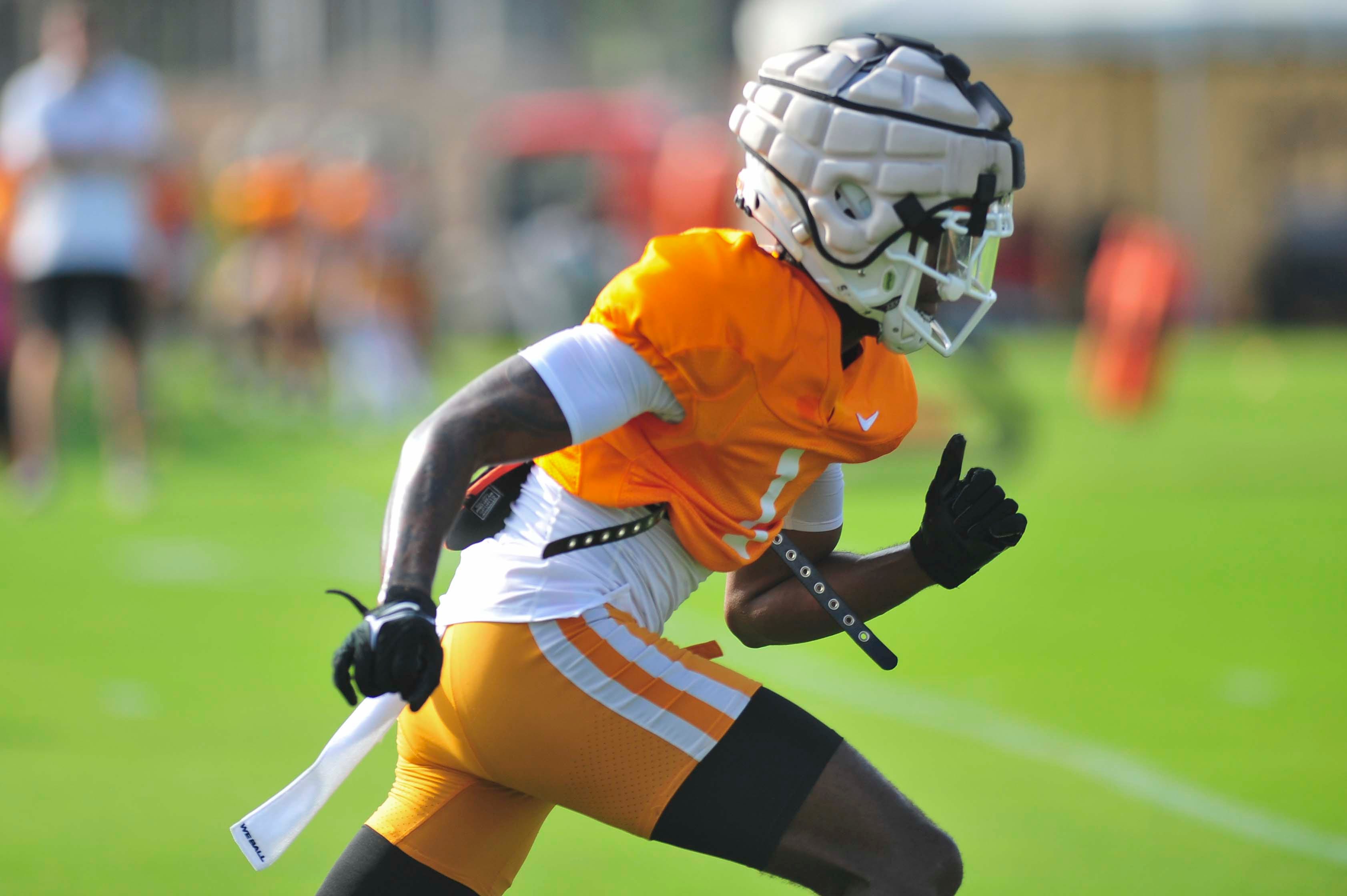 Tennessee's Rickey Gibson (1) runs during Tennessee football's fall practice, in Knoxville, Tenn., Saturday, August 3, 2024.