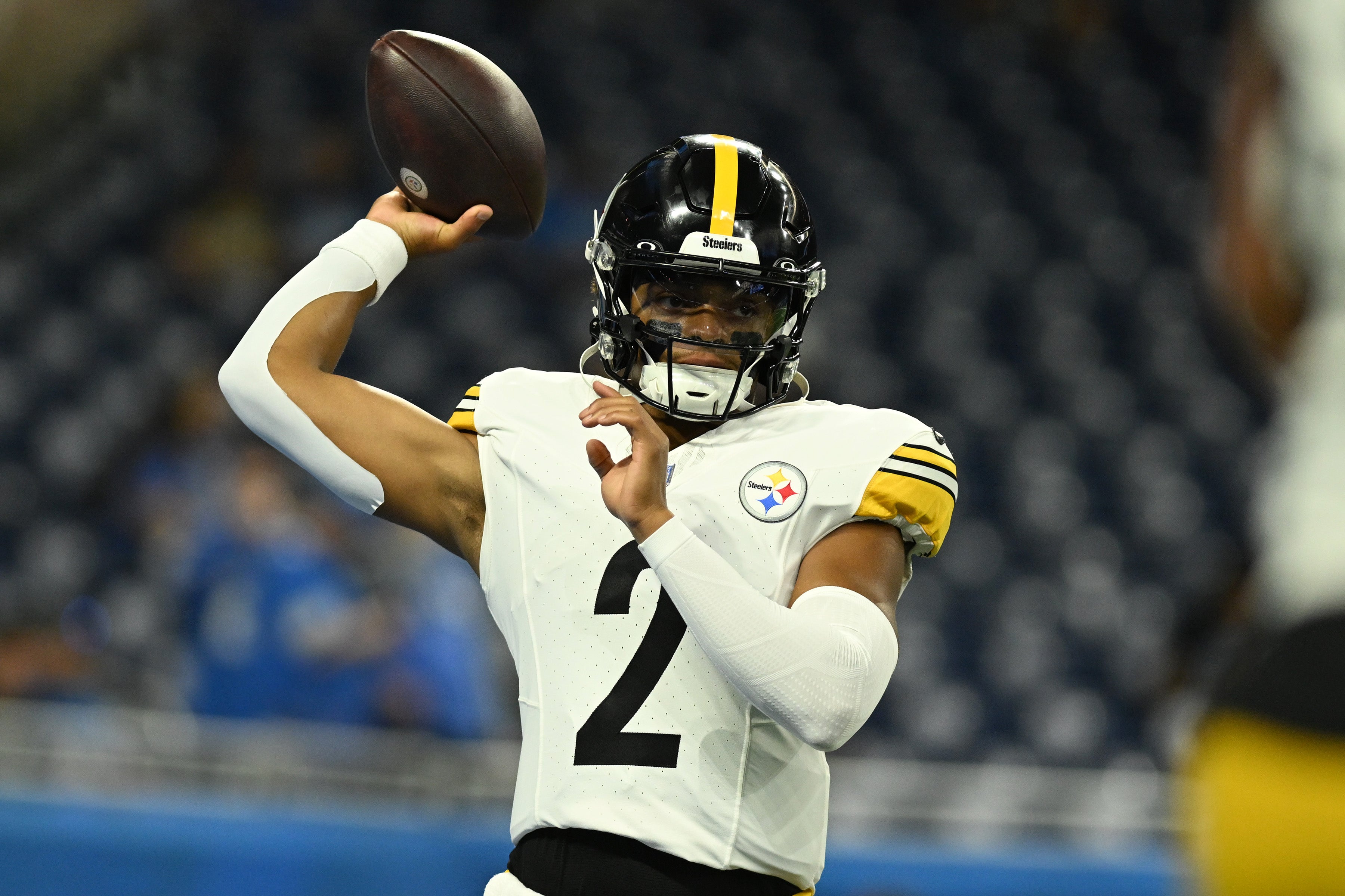 Aug 24, 2024; Detroit, Michigan, USA; Pittsburgh Steelers quarterback Justin Fields (2) warms up before their game against the Detroit Lions at Ford Field. Mandatory Credit: Lon Horwedel-USA TODAY Sports