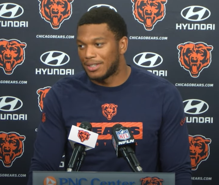 DJ Moore addresses the media at Halas Hall following Monday's practice.