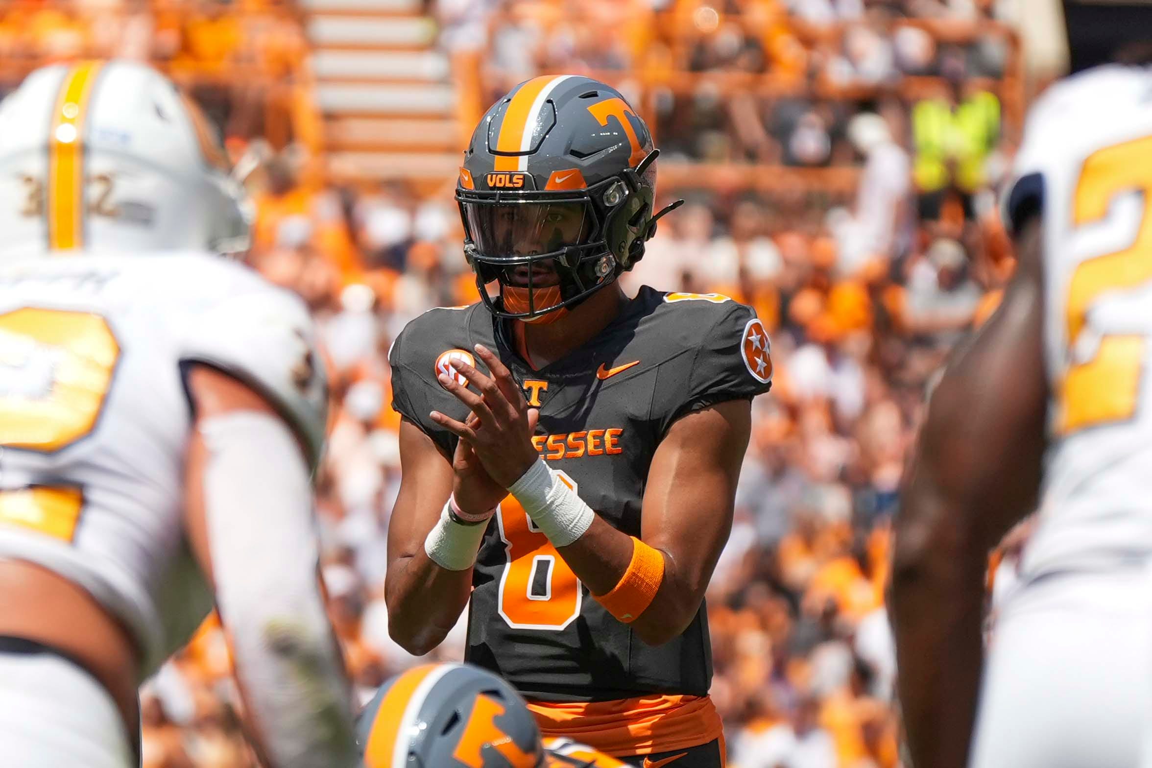 Tennessee quarterback Nico Iamaleava (8) waits for the snap during a football game between Tennessee and Chattanooga at Neyland Stadium in Knoxville, Tenn., on Saturday, August 31, 2024.