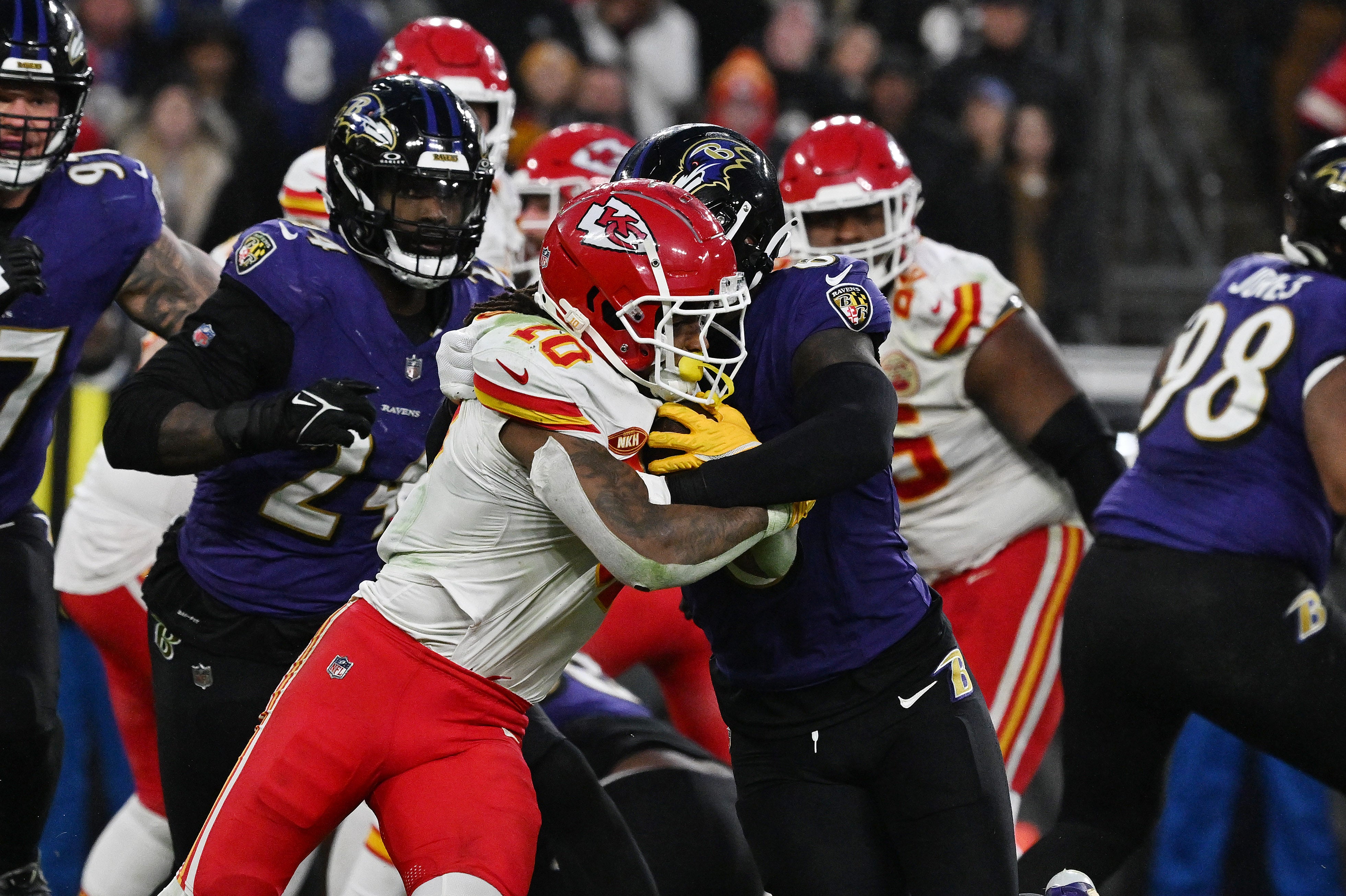 Jan 28, 2024; Baltimore, Maryland, USA; Baltimore Ravens cornerback Arthur Maulet (10) carries the ball against the Baltimore Ravens during the second half in the AFC Championship football game at M&T Bank Stadium.