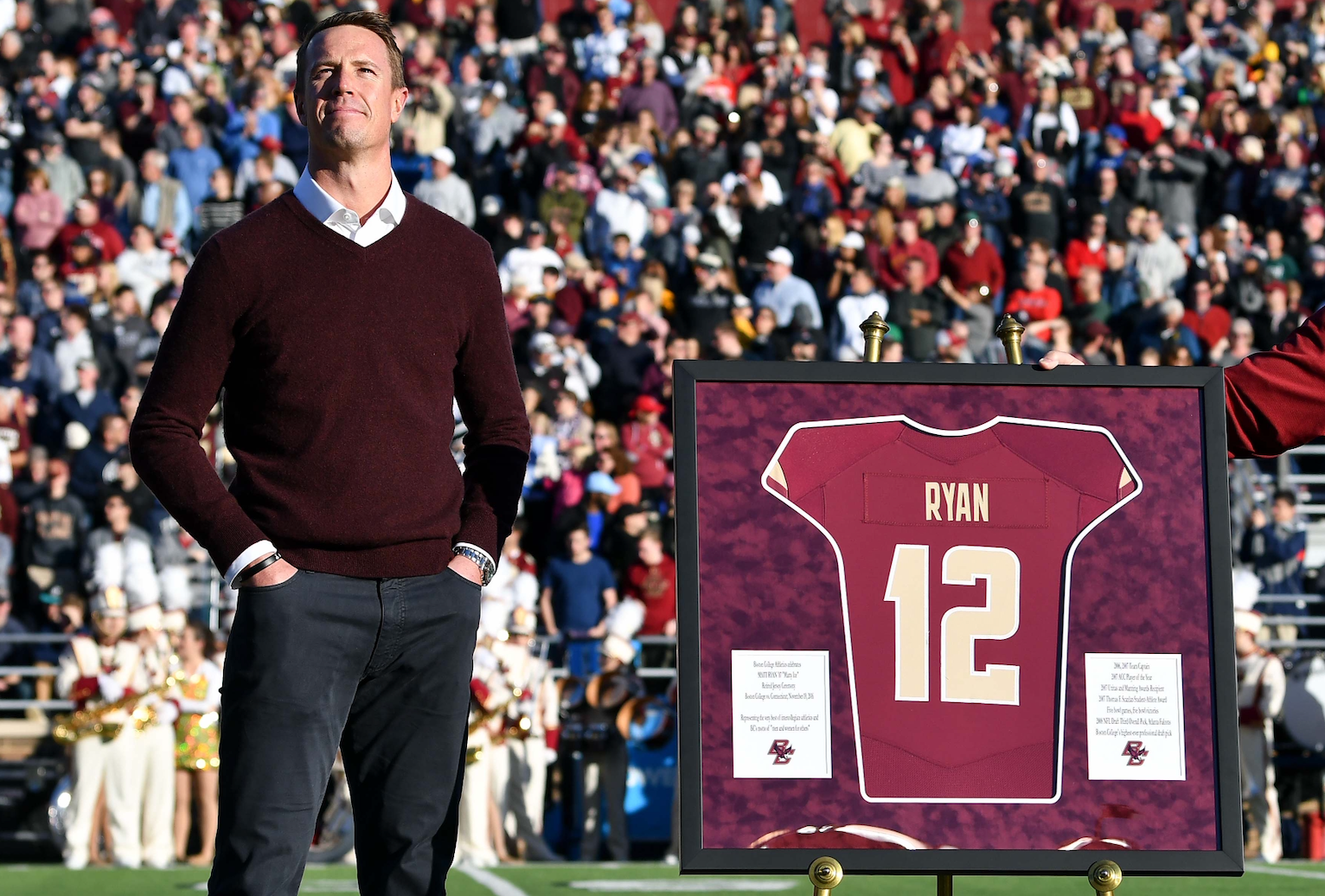 Nov 19, 2016; Boston, MA, USA; Atlanta Falcons quarterback and former Boston College Eagle Matt Ryan during his jersey retirement ceremony during the first half against the Connecticut Huskies at Alumni Stadium.