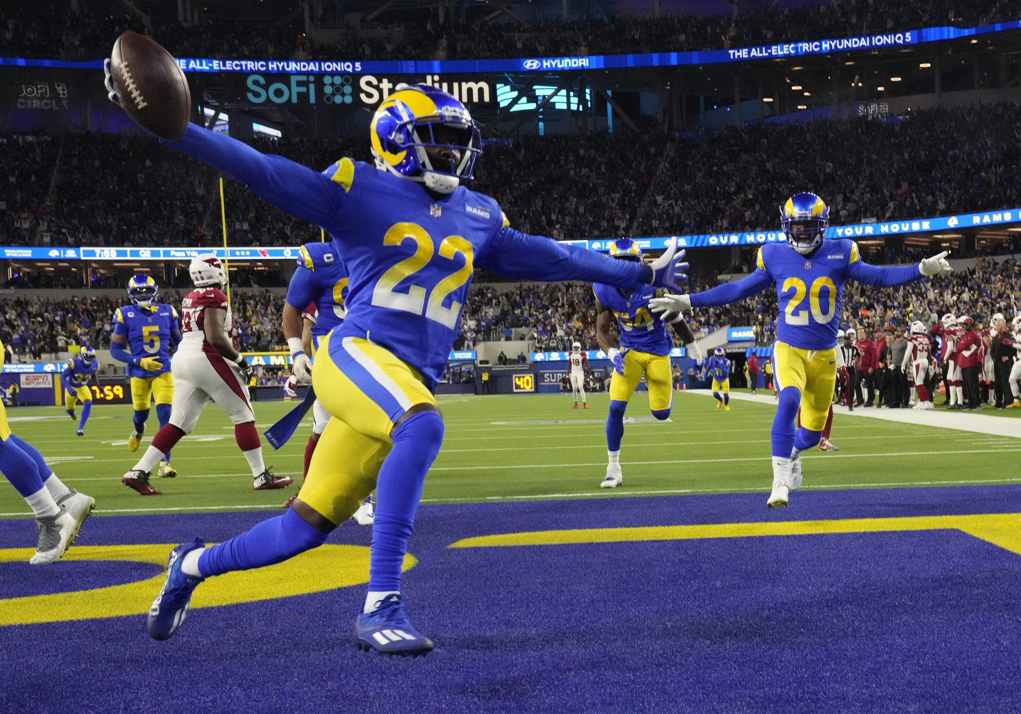 Los Angeles Rams defensive back David Long celebrates after intercepting Arizona Cardinals quarterback Kyler Murray for a touchdown during the second quarter of the NFC Wild Card playoff game on Jan 17, 2022. Syndication Arizona Republic
