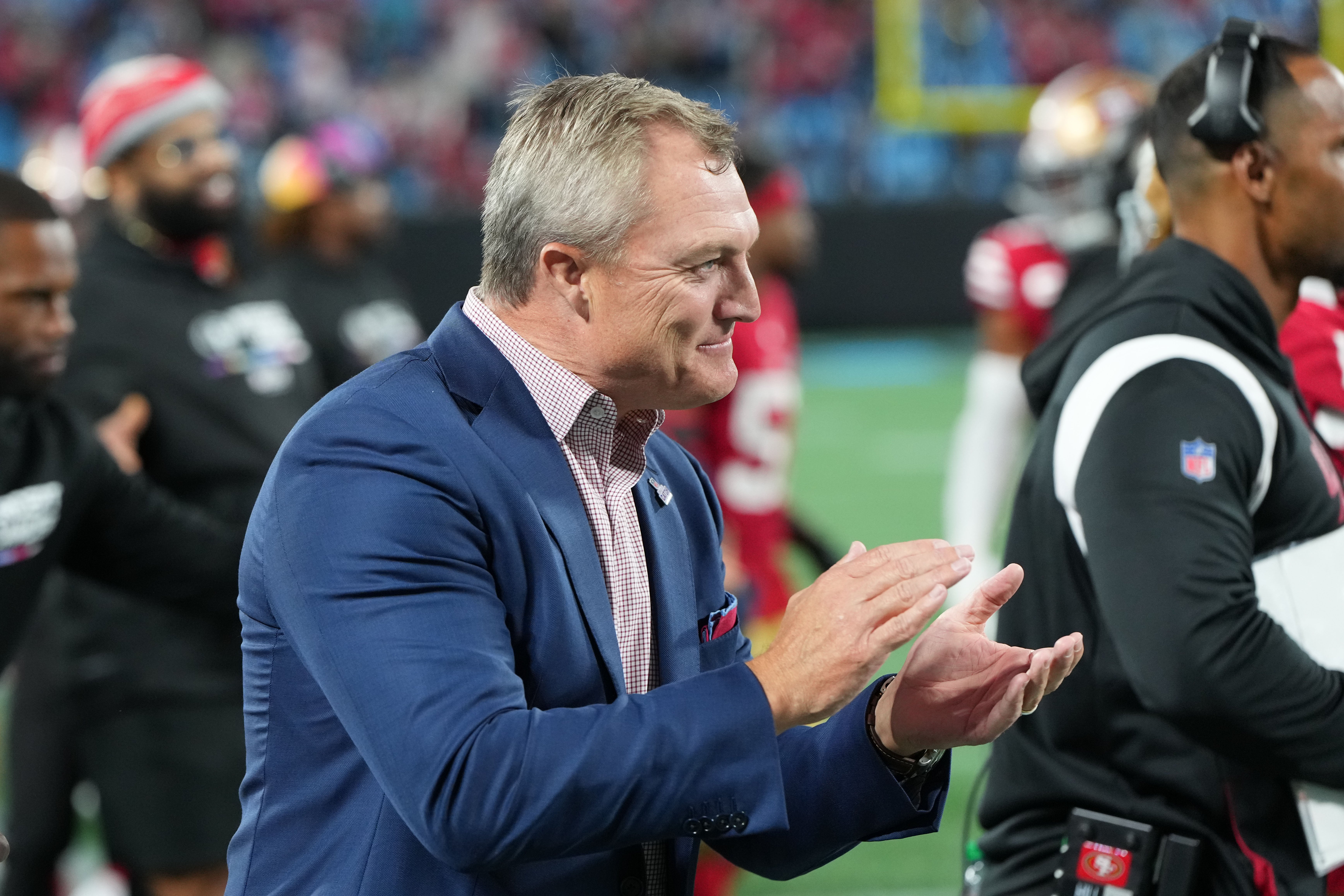 Oct 9, 2022; Charlotte, North Carolina, USA; San Francisco 49ers general manager John Lynch on the sidelines in the fourth quarter at Bank of America Stadium.