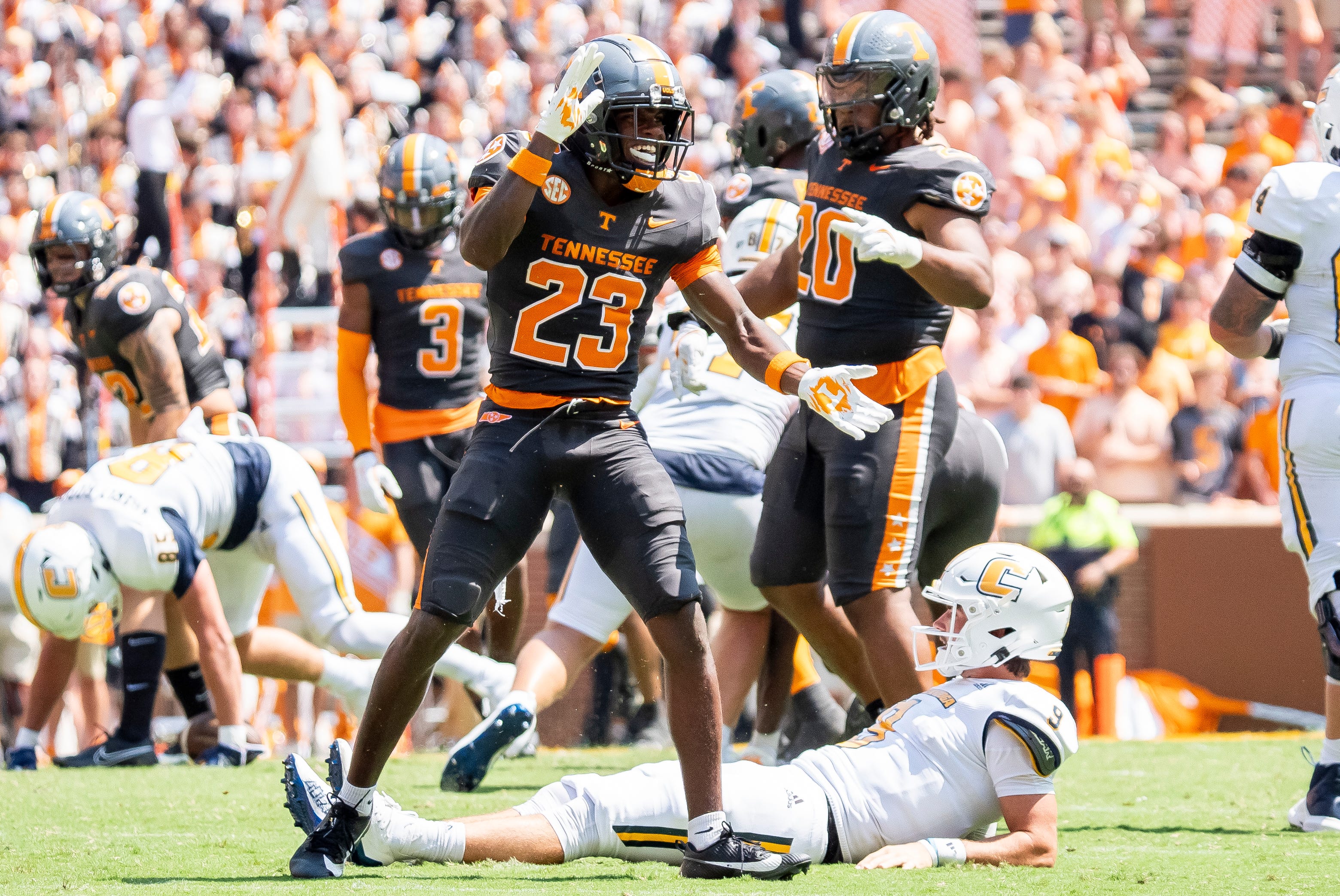 Tennessee defensive back Boo Carter (23) celebrates after sacking Chattanooga quarterback Chase Artopoeus (9) during Tennessee's game against Chattanooga in Neyland Stadium in Knoxville on Saturday, Aug. 31, 2024.