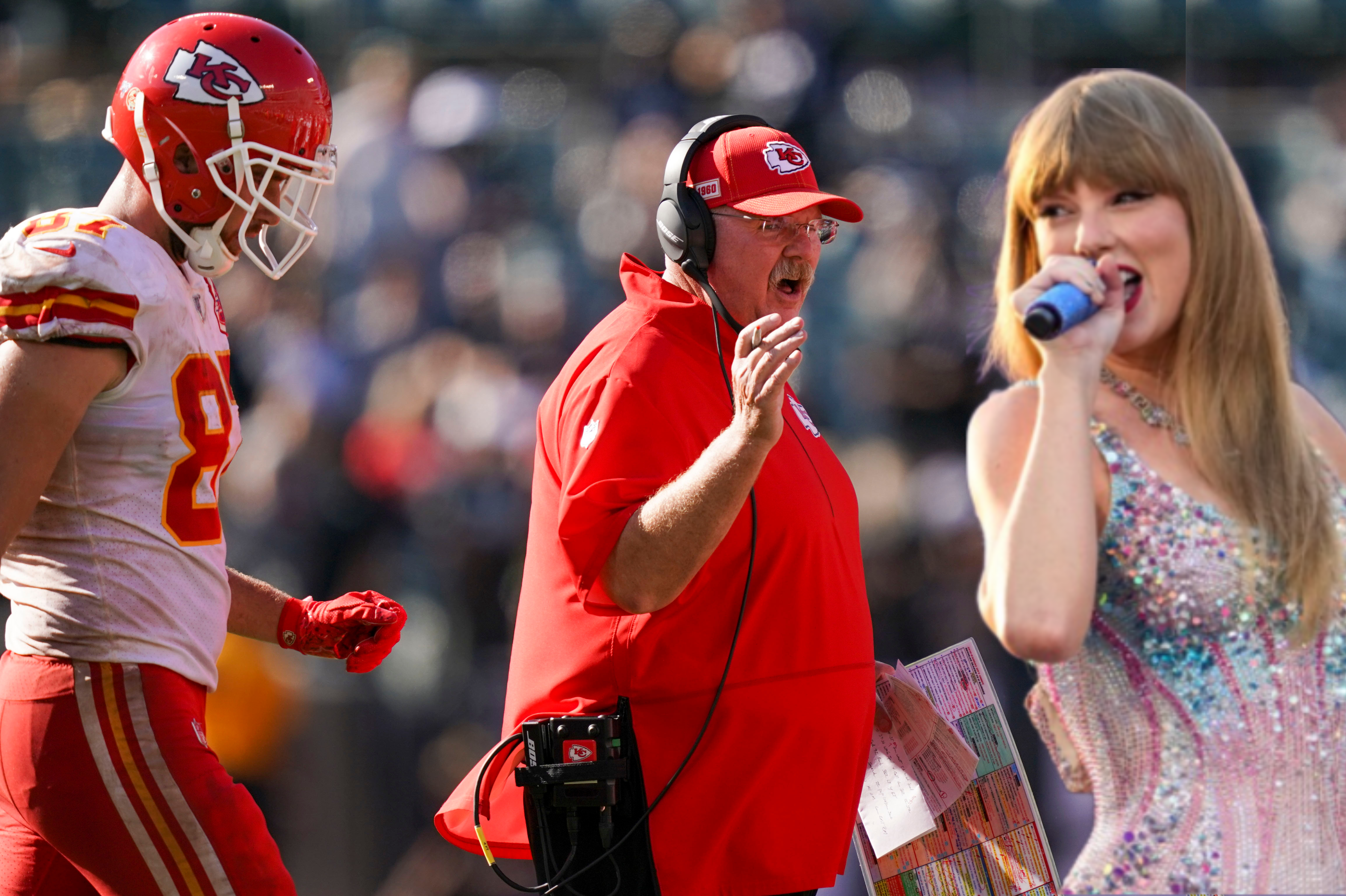 Kansas City Chiefs HC Andy Reid, TE Travis Kelce, and Taylor Swift