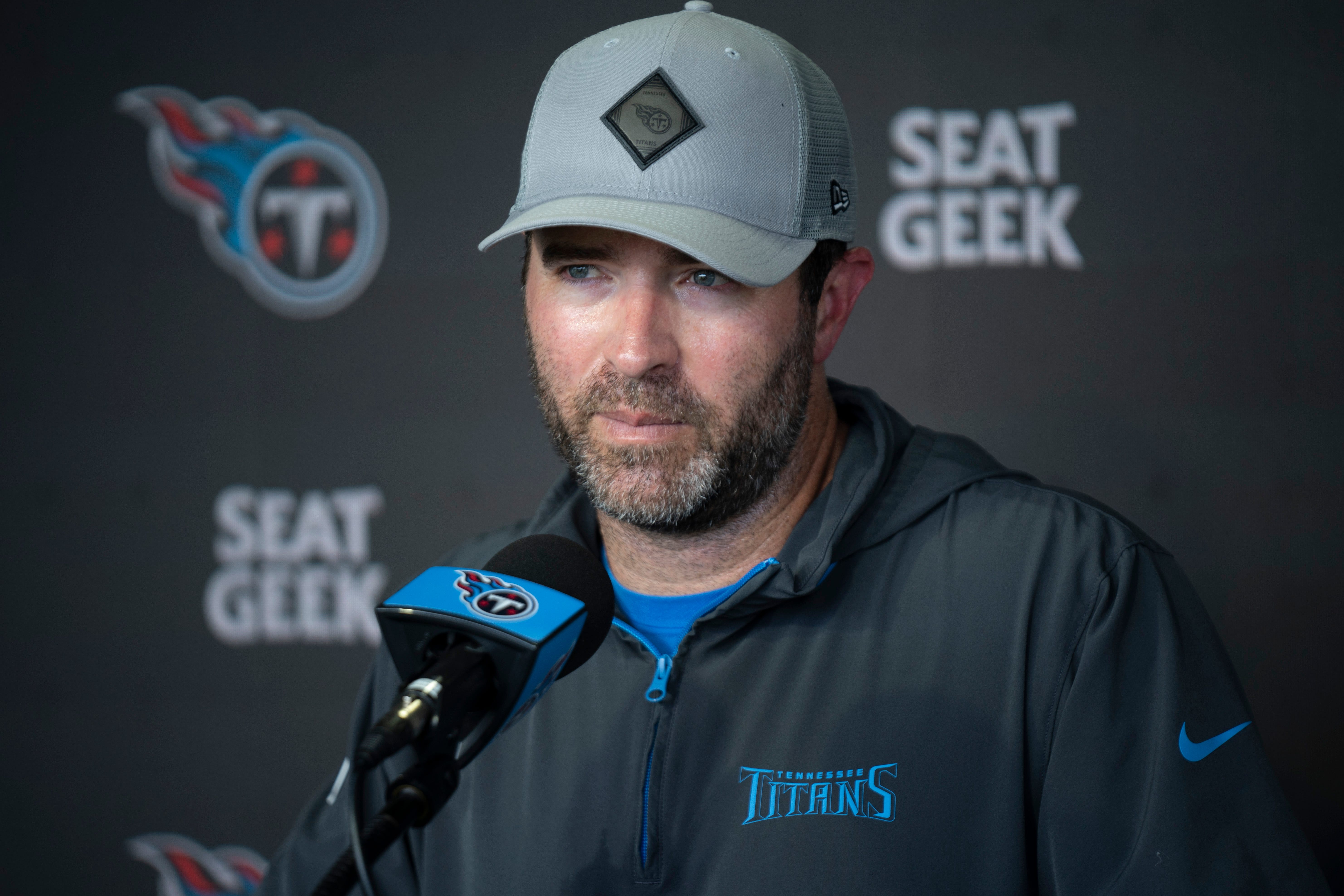 Tennessee Titans Head Coach Brian Callahan fields questions from the media after practice at Ascension Saint Thomas Sports Park in Nashville, Tenn., Thursday, Aug. 15, 2024. This is the second day of ... Denny Simmons / The Tennessean-USA TODAY NETWORK