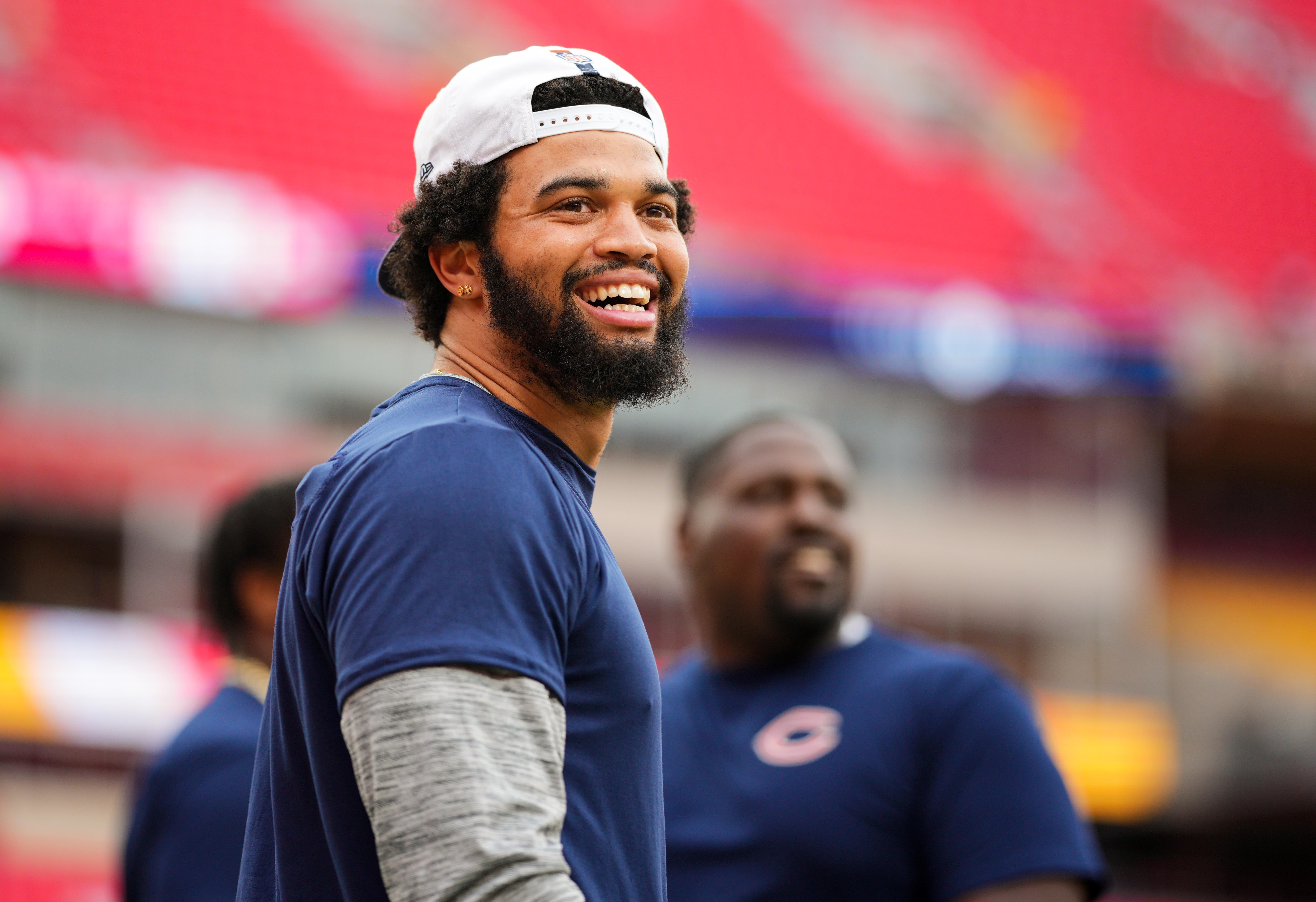 Aug 22, 2024; Kansas City, Missouri, USA; Chicago Bears quarterback Caleb Williams (18) warms up prior to a game against the Kansas City Chiefs at GEHA Field at Arrowhead Stadium.