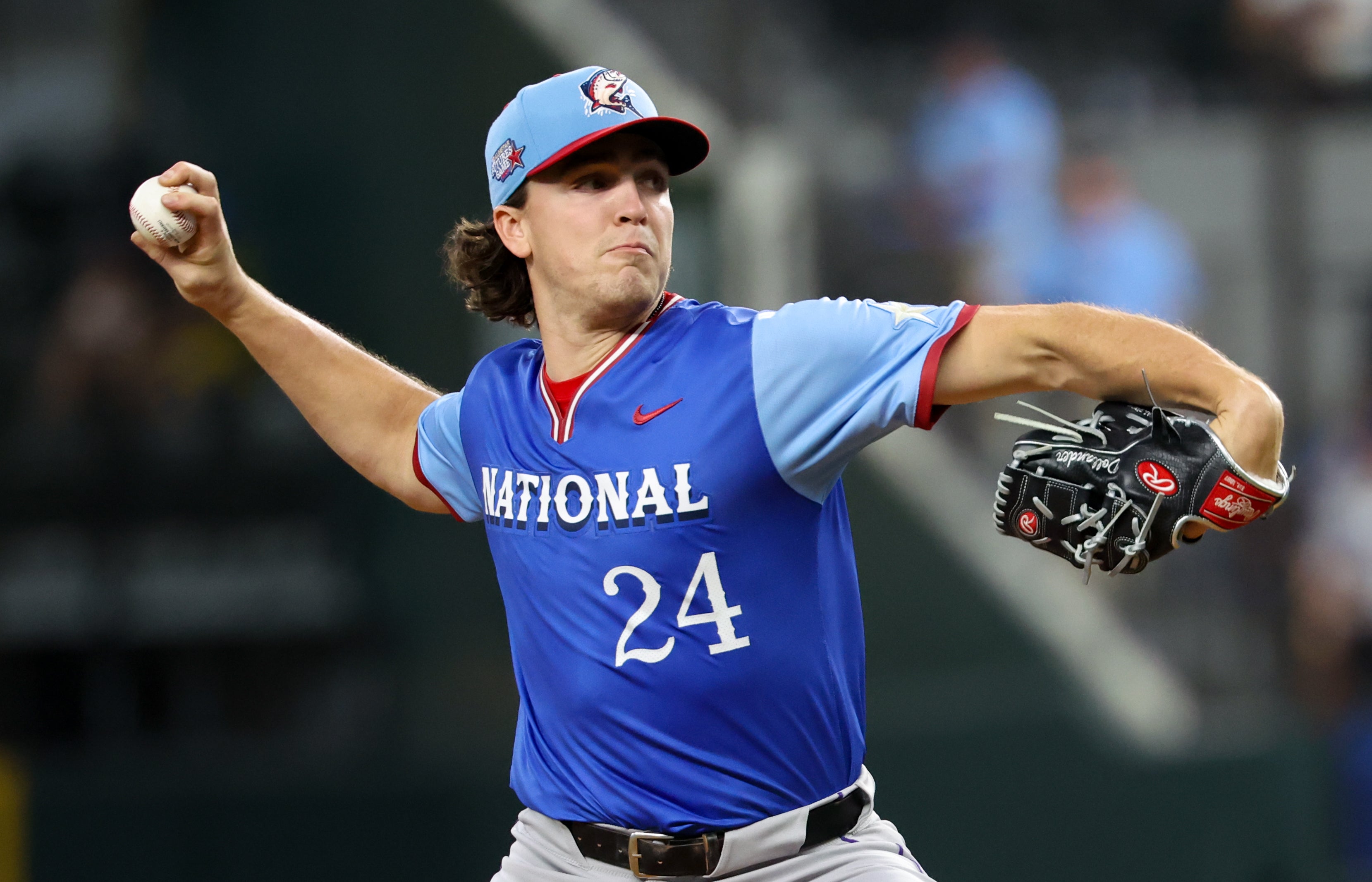Jul 13, 2024; Arlington, TX, USA; National League Future pitcher Chase Dollander (24) throws during the first inning against the American League Future team during the Major league All-Star Futures game at Globe Life Field.