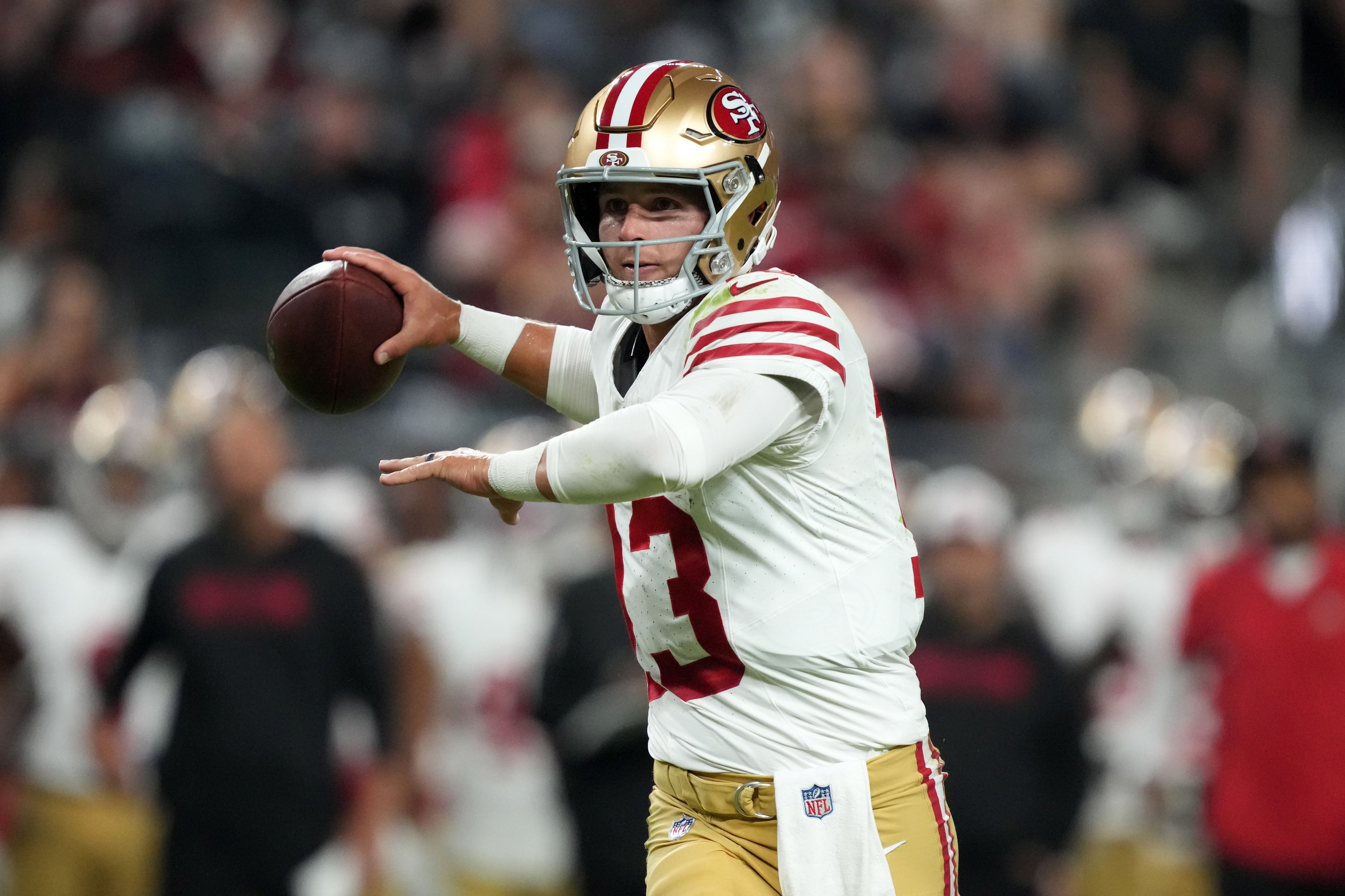 Aug 23, 2024; Paradise, Nevada, USA; San Francisco 49ers quarterback Brock Purdy (13) throws the ball against the Las Vegas Raiders in the first half at Allegiant Stadium.