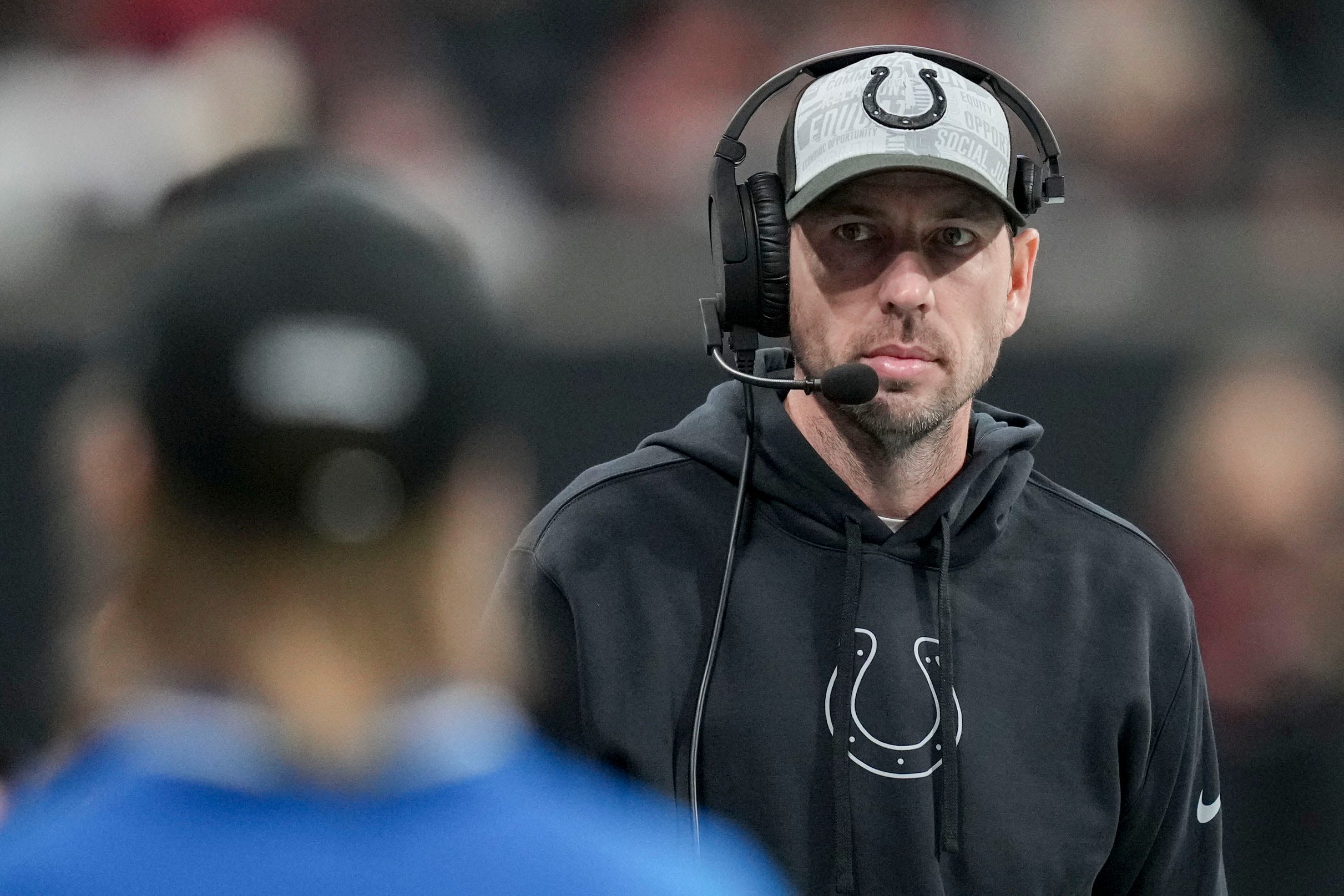 Indianapolis Colts head coach Shane Steichen walks the sideline Sunday, Dec. 24, 2023, during a game against the Atlanta Falcons at Mercedes-Benz Stadium in Atlanta.