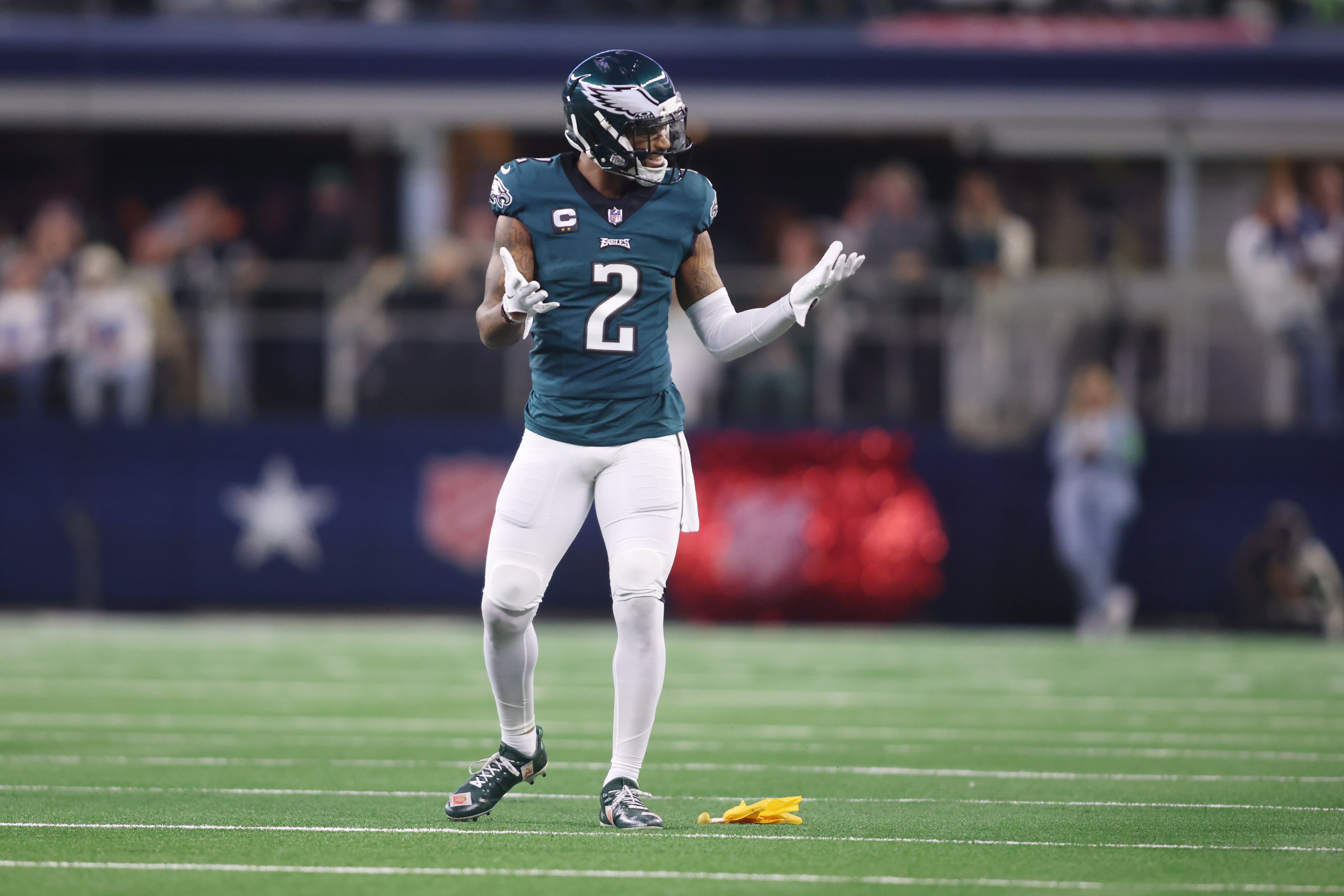 Philadelphia Eagles cornerback Darius Slay (2) reacts after being called for pass interference against the Dallas Cowboys in the first quarter at AT&T Stadium.