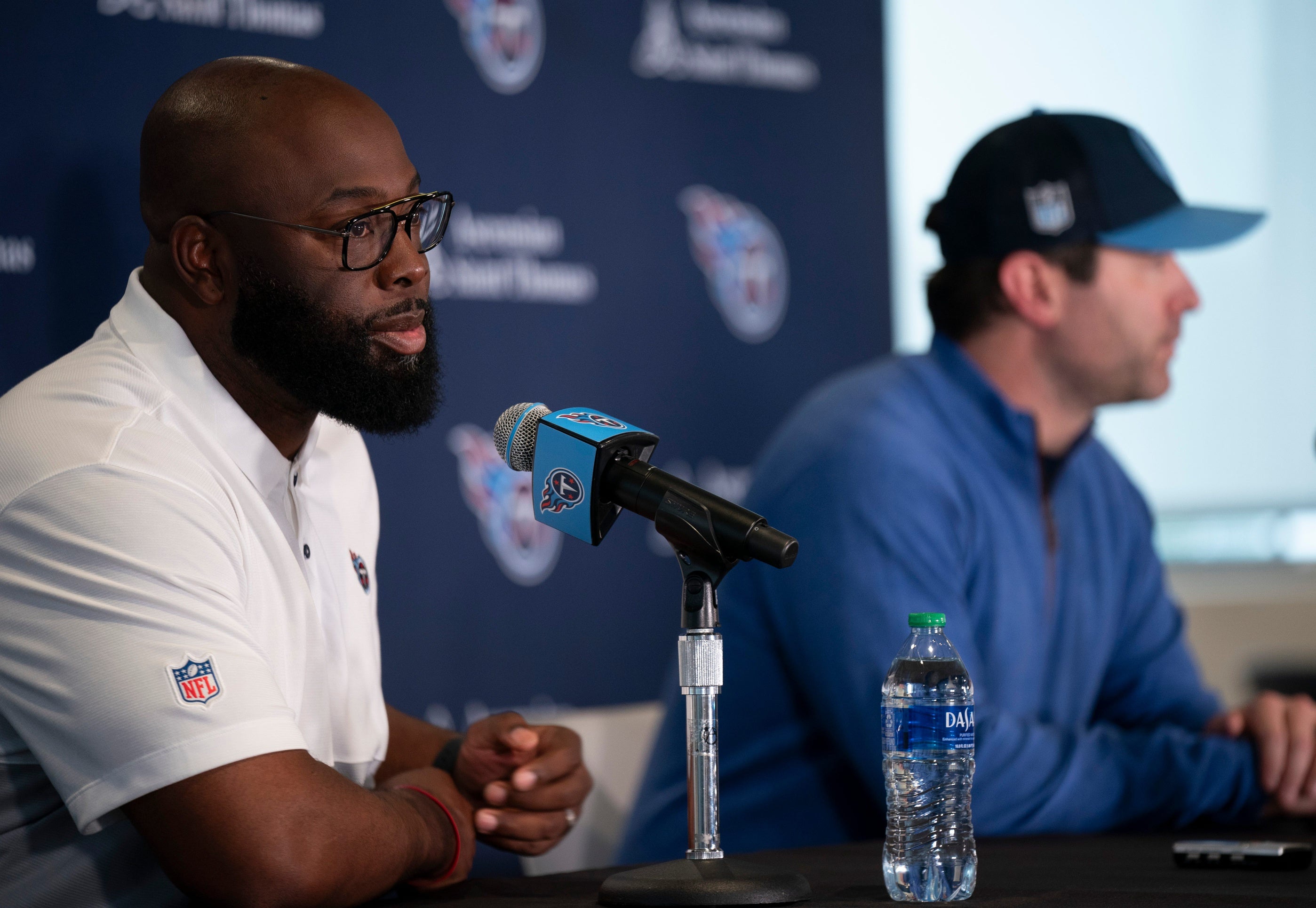 The Tennessee Titans General Manager Ran Carthon, left, and Head Coach Brian Callahan introduce first-round draft pick JC Latham at the teamÕs Ascension Saint Thomas Sports Park facility in Nashville, Tenn., Friday afternoon, April 26, 2024. The tackle was the No. 7 overall pick in the 2024 NFL Draft.