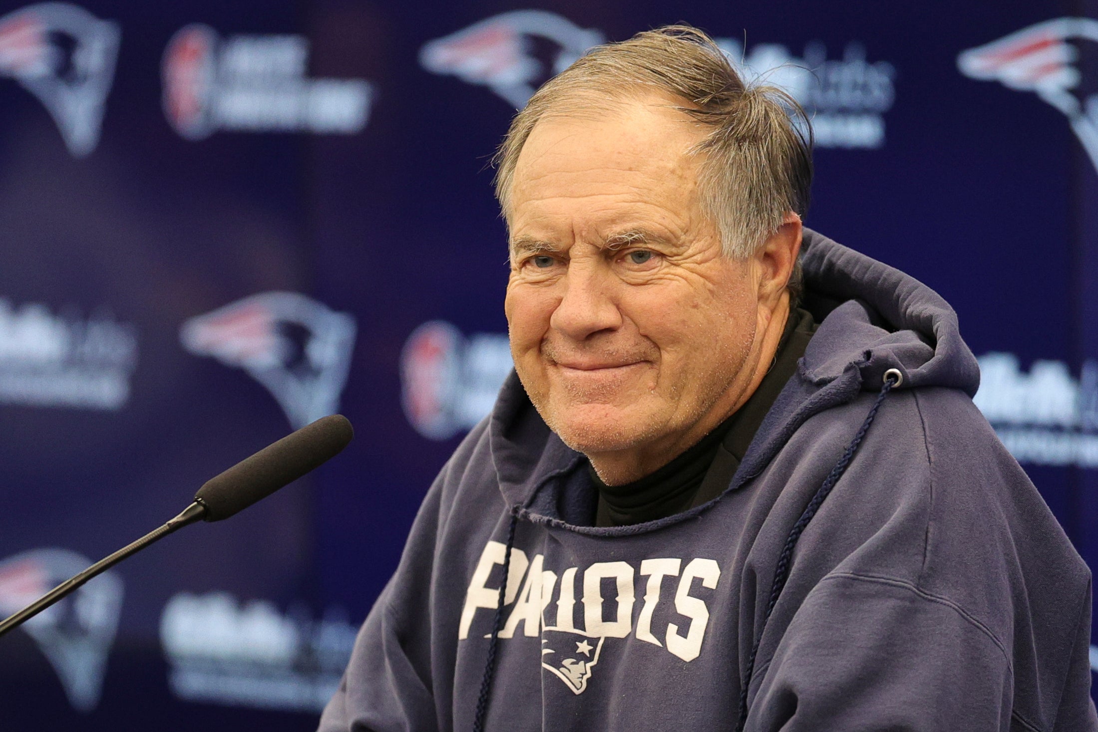 Nov 10, 2023; Frankfurt, Germany; New England Patriots head coach Bill Belichick speaks to the media before an NFL International Series practice at the Deutcher Fussball-Bund facility. 