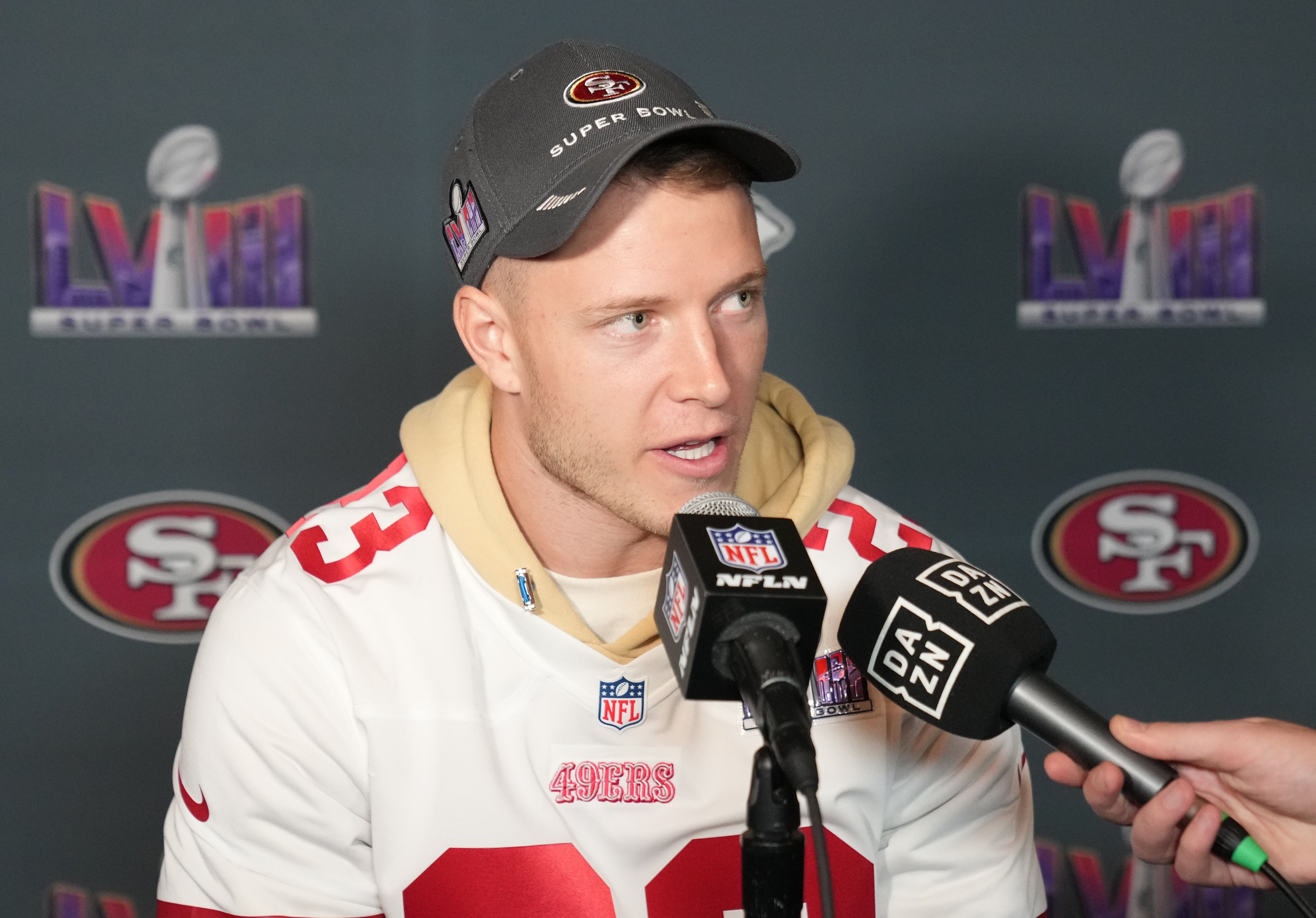 Feb 8, 2024; Las Vegas, NV, USA; San Francisco 49ers running back Christian McCaffrey (23) during a press conference before Super Bowl LVIII at Hilton Lake Las Vegas Resort and Spa.