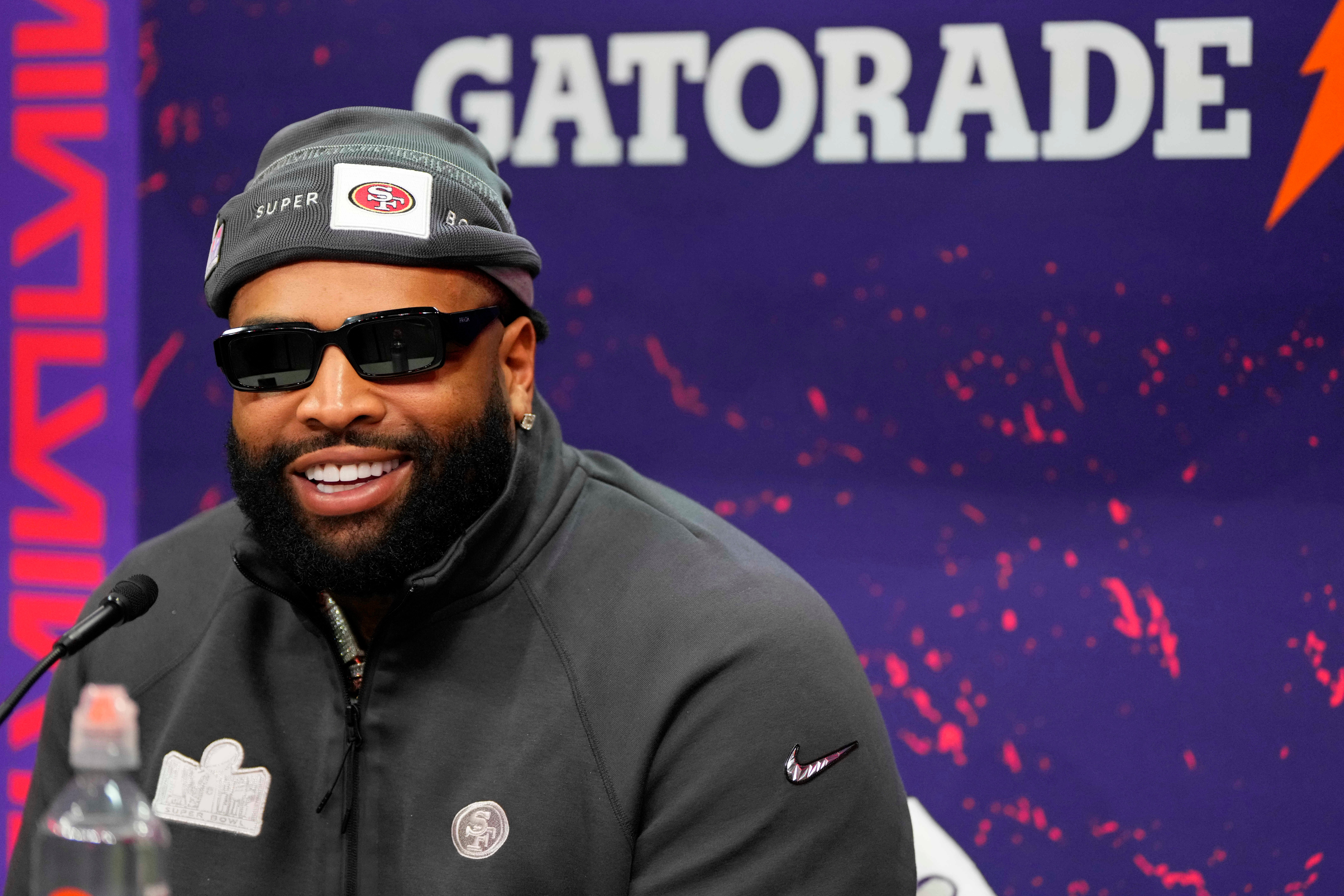 Feb 5, 2024; Las Vegas, NV, USA; San Francisco 49ers offensive tackle Trent Williams (71) talks to the media during Super Bowl LVIII Opening Night at Allegiant Stadium.