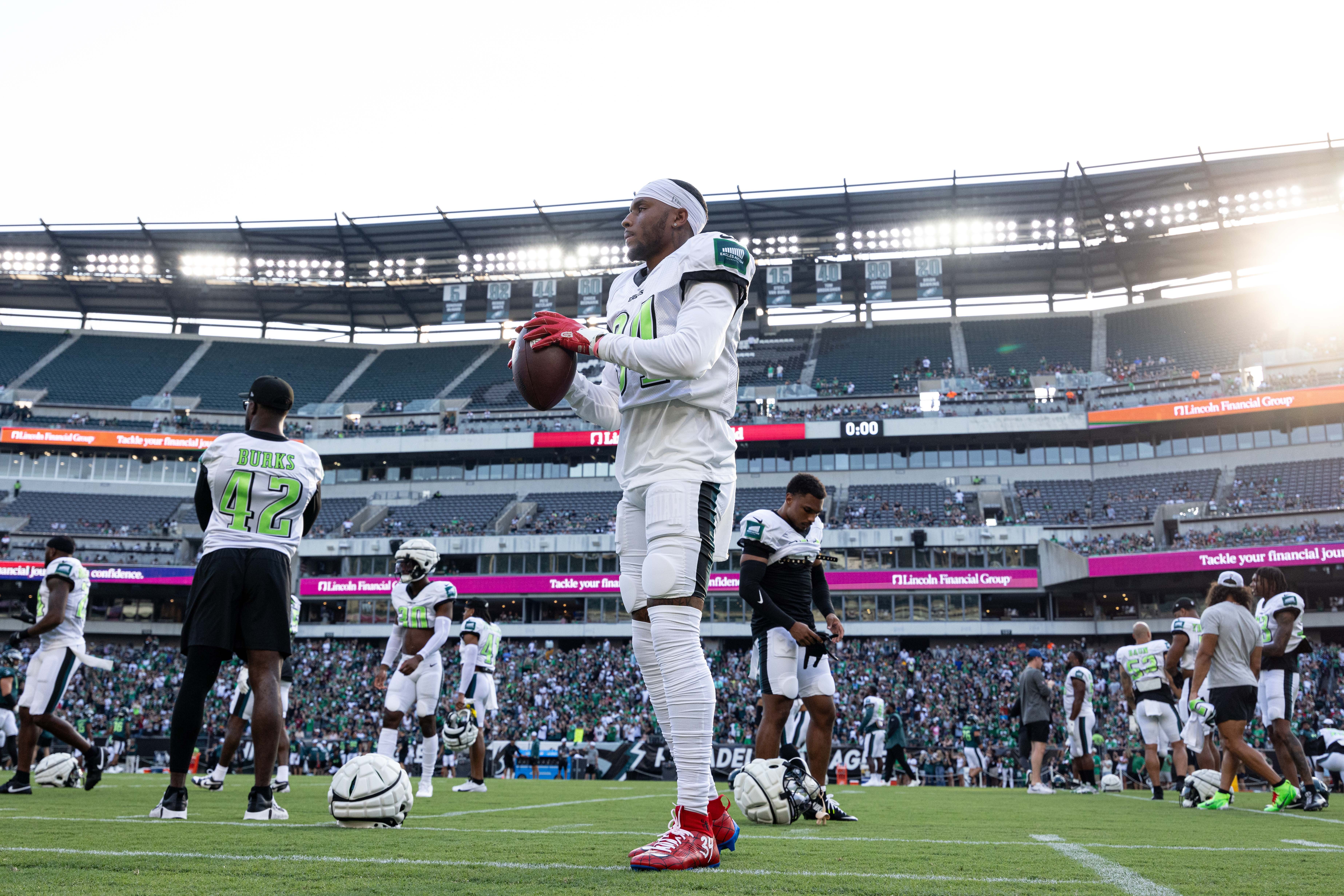 Philadelphia Eagles cornerback Isaiah Rodgers (34) during a training camp practice at Lincoln Financial Field.