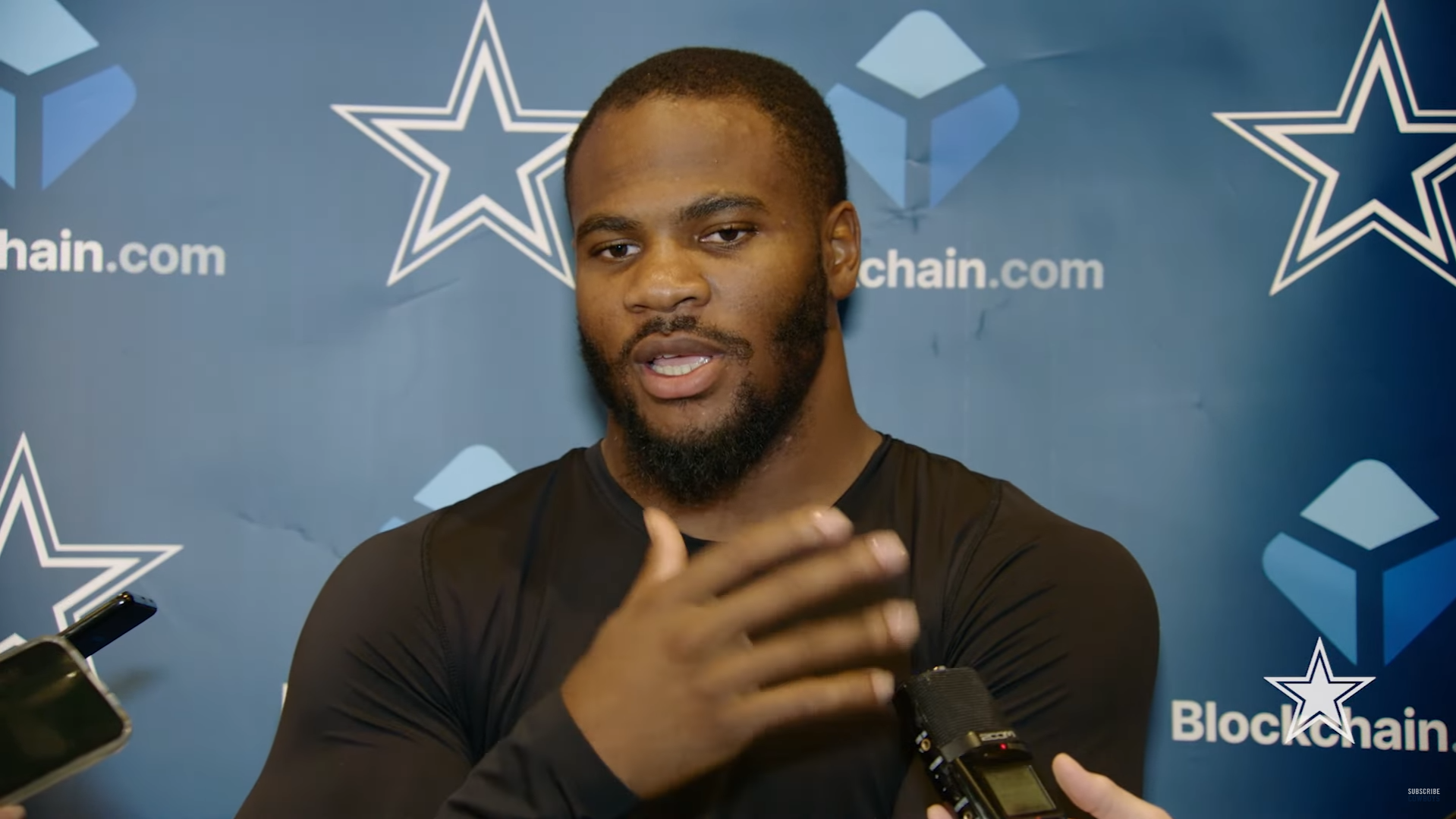 Dallas Cowboys DE Micah Parsons talks to reporters ahead of Week 1 vs. Cleveland Browns.