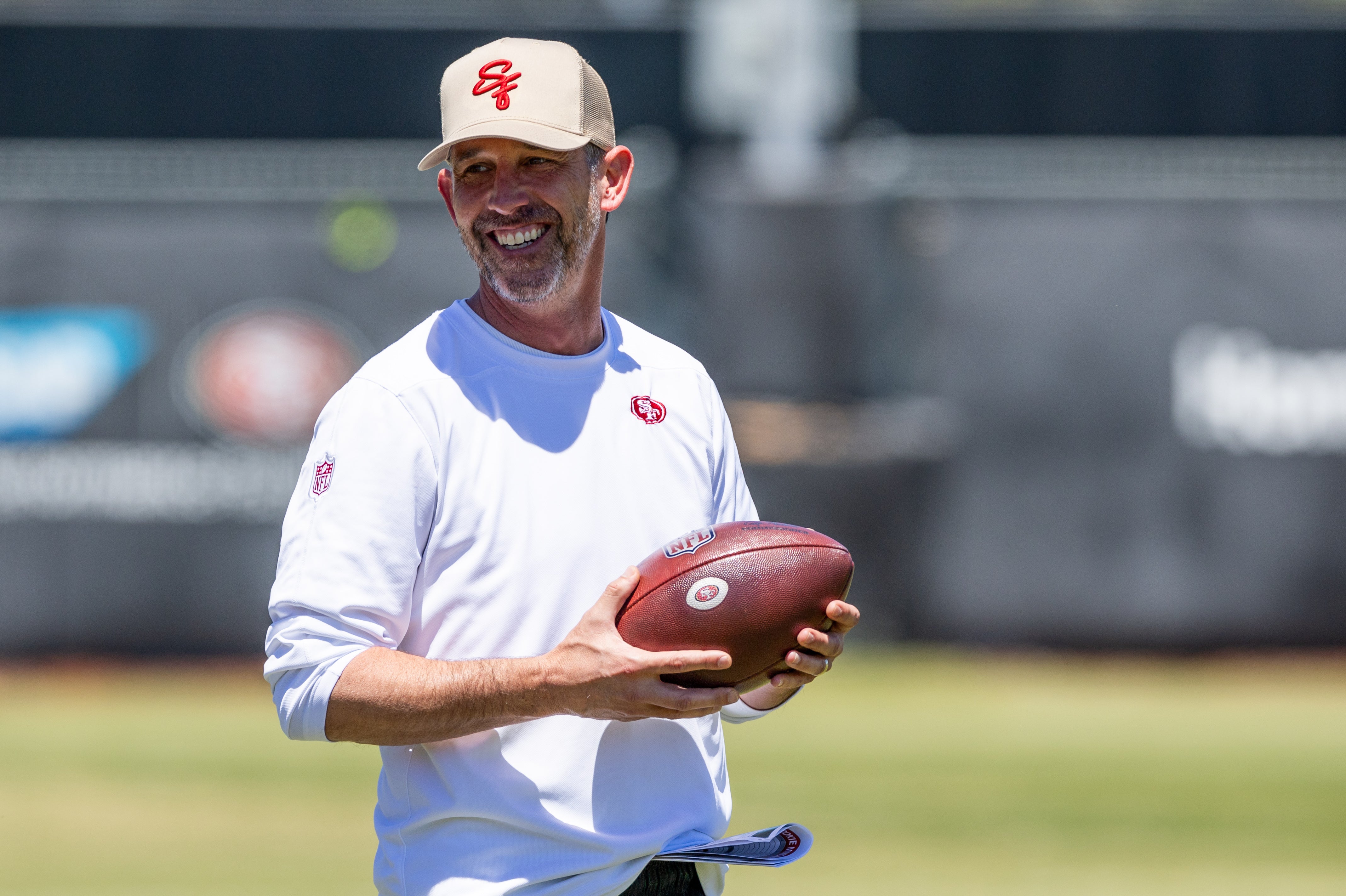 May 10, 2024; Santa Clara, CA, USA; San Francisco 49ers head coach Kyle Shanahan watches during the 49ers rookie minicamp at Levi’s Stadium in Santa Clara, CA.