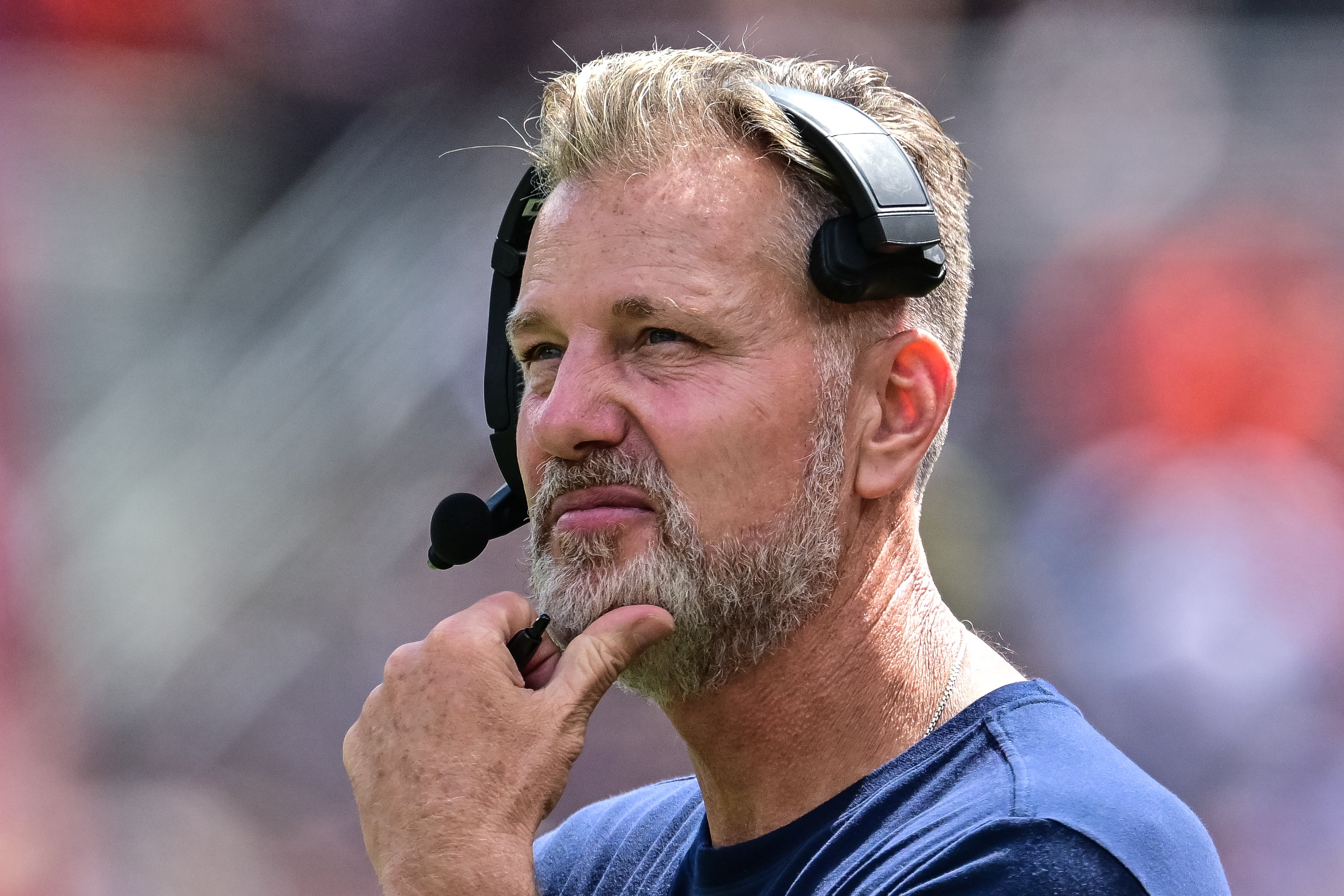 Aug 17, 2024; Chicago, Illinois, USA; Chicago Bears head coach Matt Eberflus looks on against the Cincinnati Bengals during the third quarter at Soldier Field.