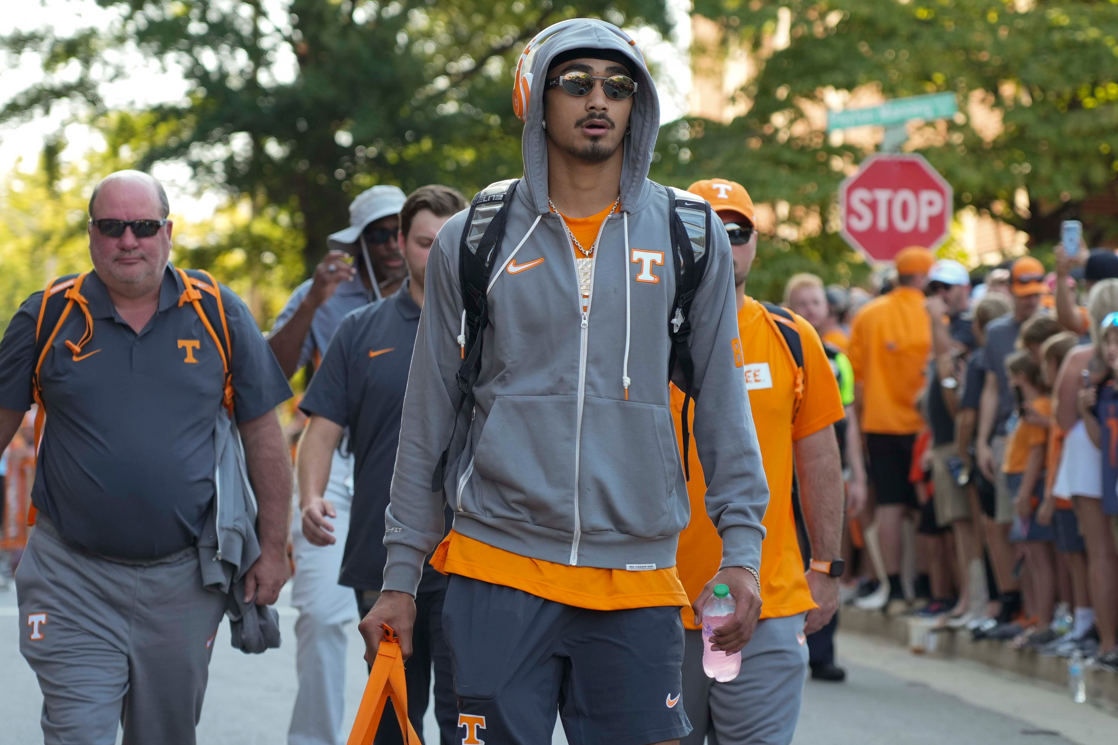 Tennessee quarterback Nico Iamaleava (8) during the Vol Walk before a football game between Tennessee and Chattanooga at Neyland Stadium in Knoxville, Tenn., on Saturday, August 31, 2024.