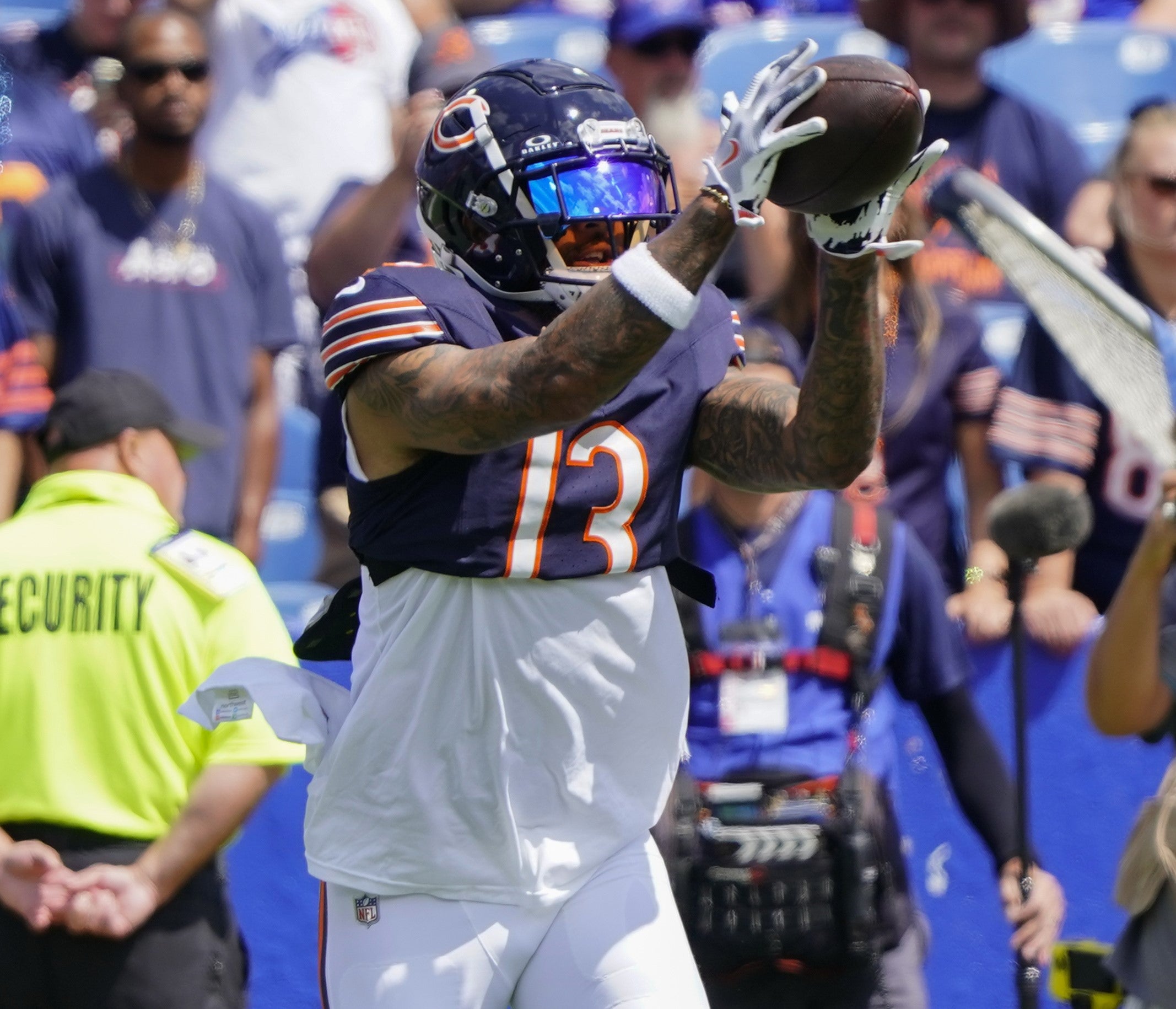 Aug 10, 2024; Orchard Park, New York, USA; Chicago Bears wide receiver Keenan Allen (13) warms up prior to the game against the Buffalo Bills at Highmark Stadium.