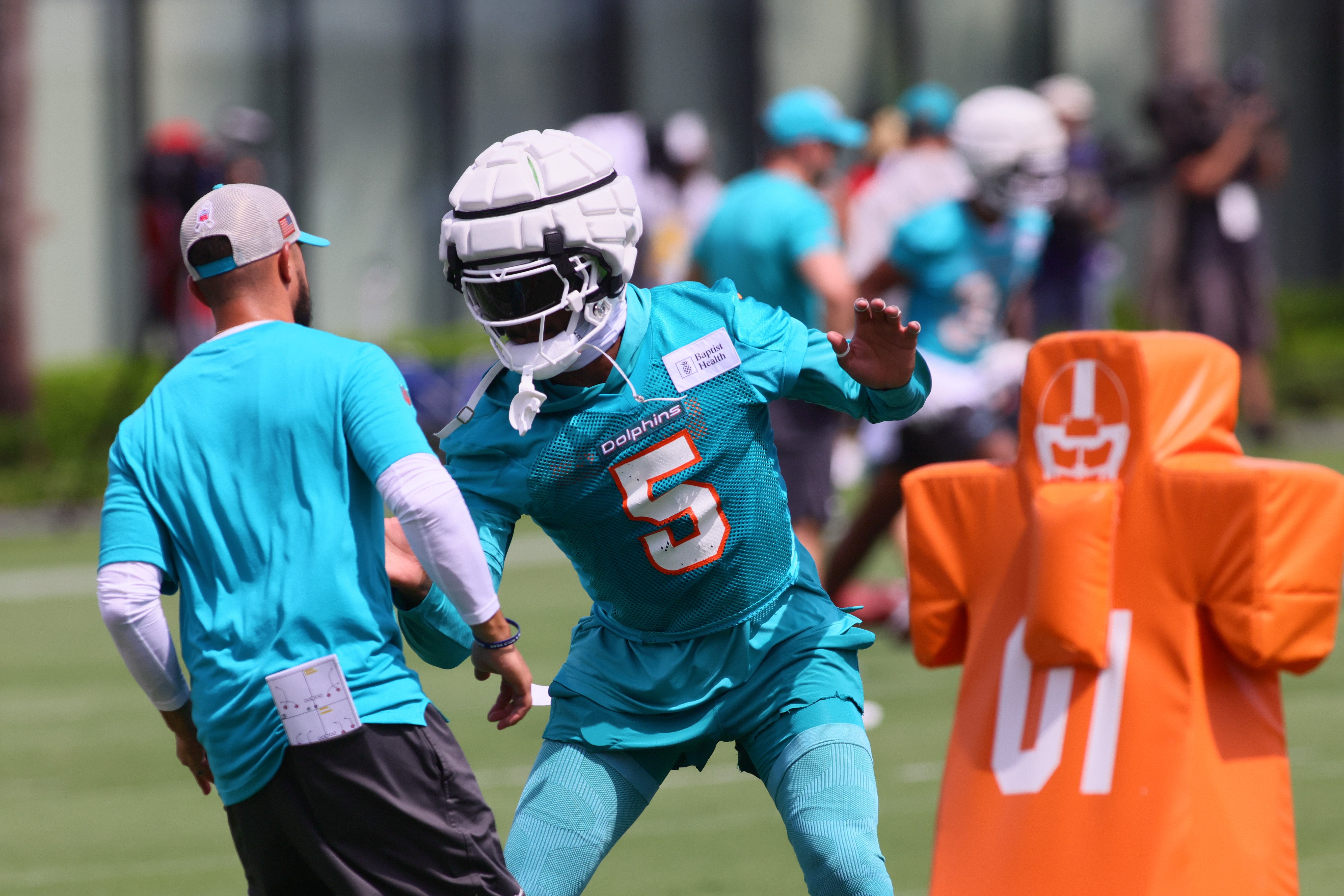 Jul 28, 2024; Miami Gardens, FL, USA; Miami Dolphins cornerback Jalen Ramsey (5) works out during training camp at Baptist Health Training Complex.