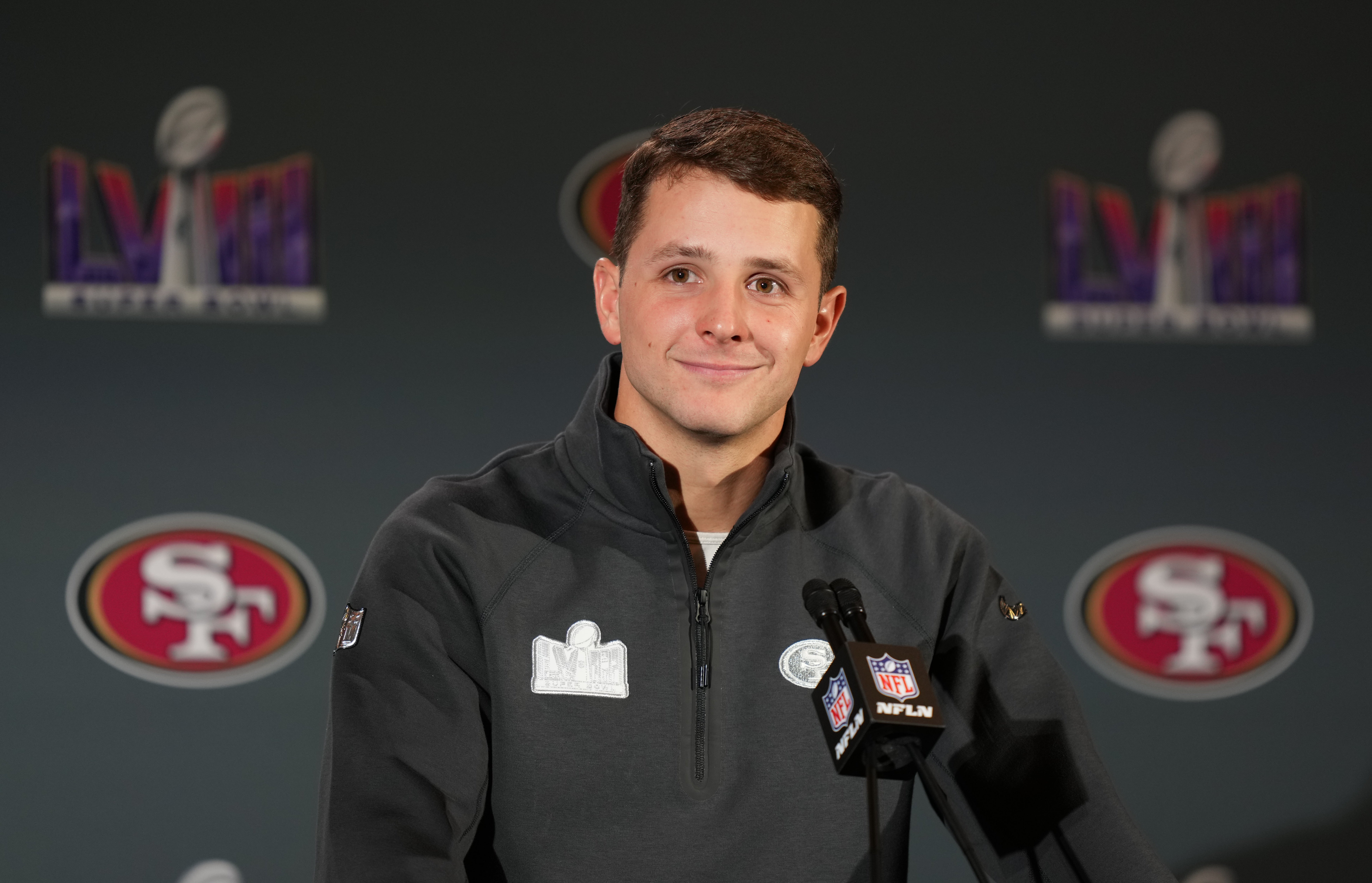 Feb 7, 2024; Las Vegas, NV, USA; San Francisco 49ers quarterback Brock Purdy (13) speaks during a press conference before Super Bowl LVIII at Hilton Lake Las Vegas Resort and Spa.