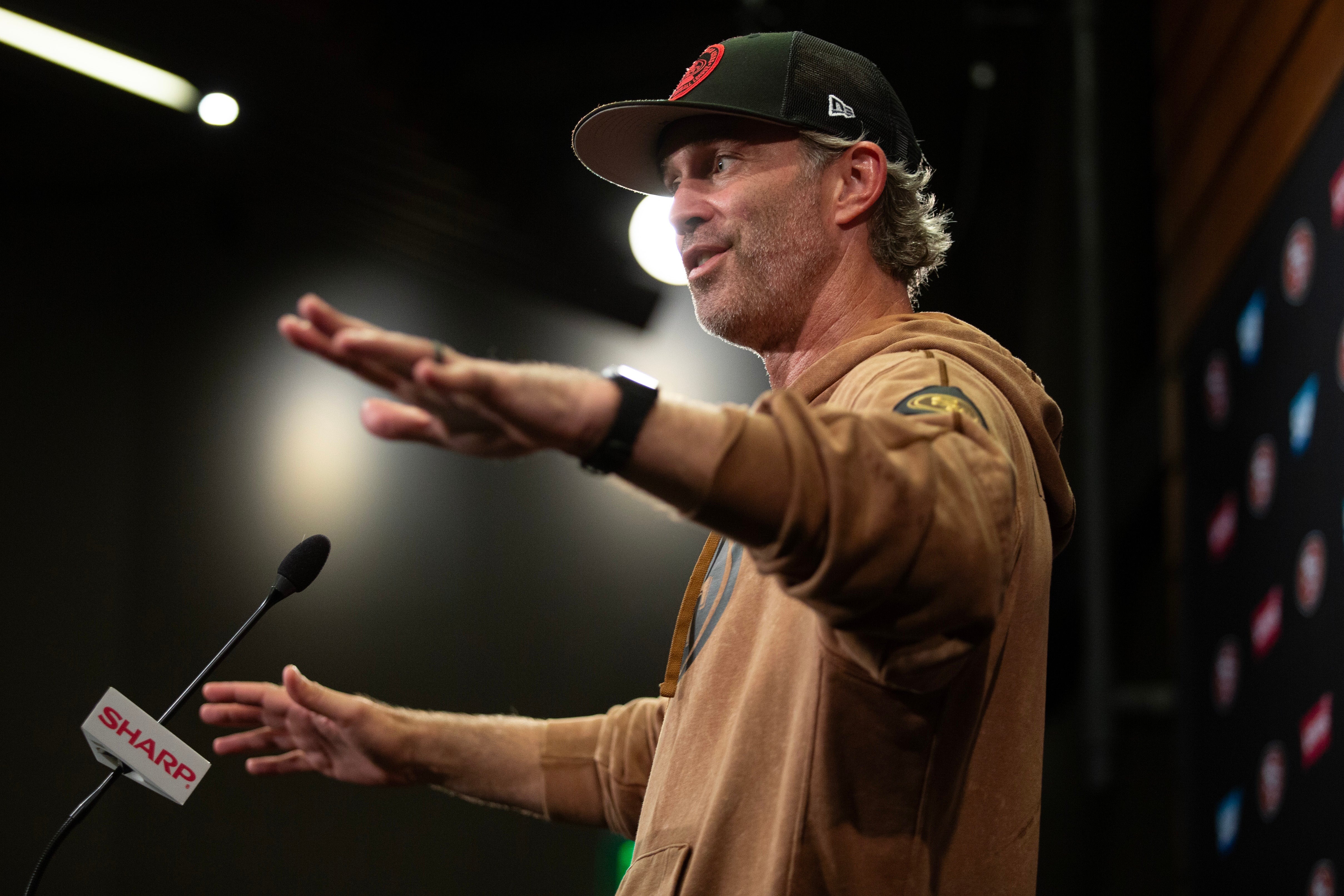 Jul 25, 2024; Santa Clara, CA, USA; San Francisco 49ers defensive coordinator Nick Sorensen answers questions at a press conference following Day 3 of training camp at SAP Performance Facility.