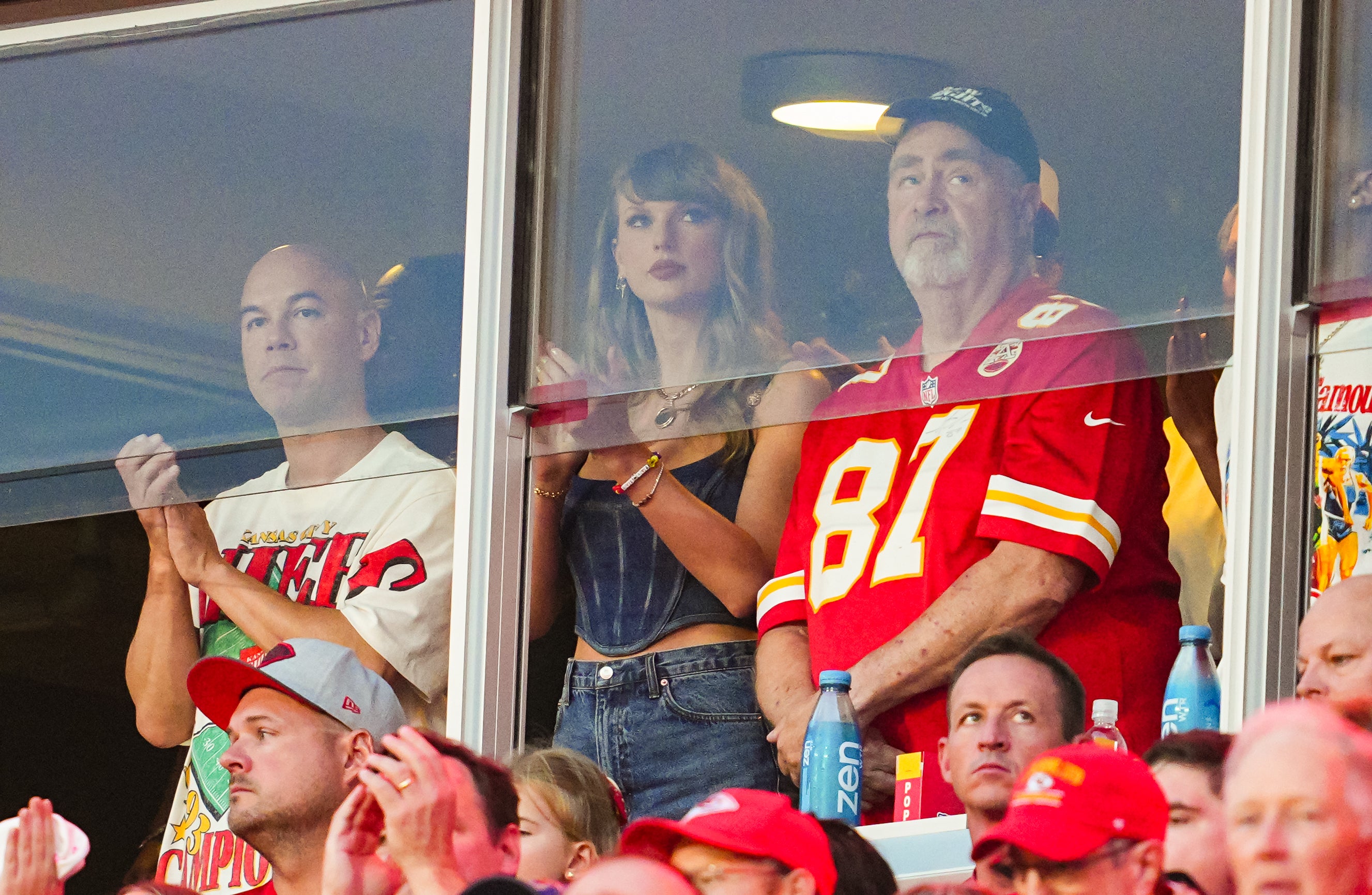 Sep 5, 2024; Kansas City, Missouri, USA; Recording artist Taylor Swift watches the action prior to a game between the Baltimore Ravens and the Kansas City Chiefs at GEHA Field at Arrowhead Stadium.