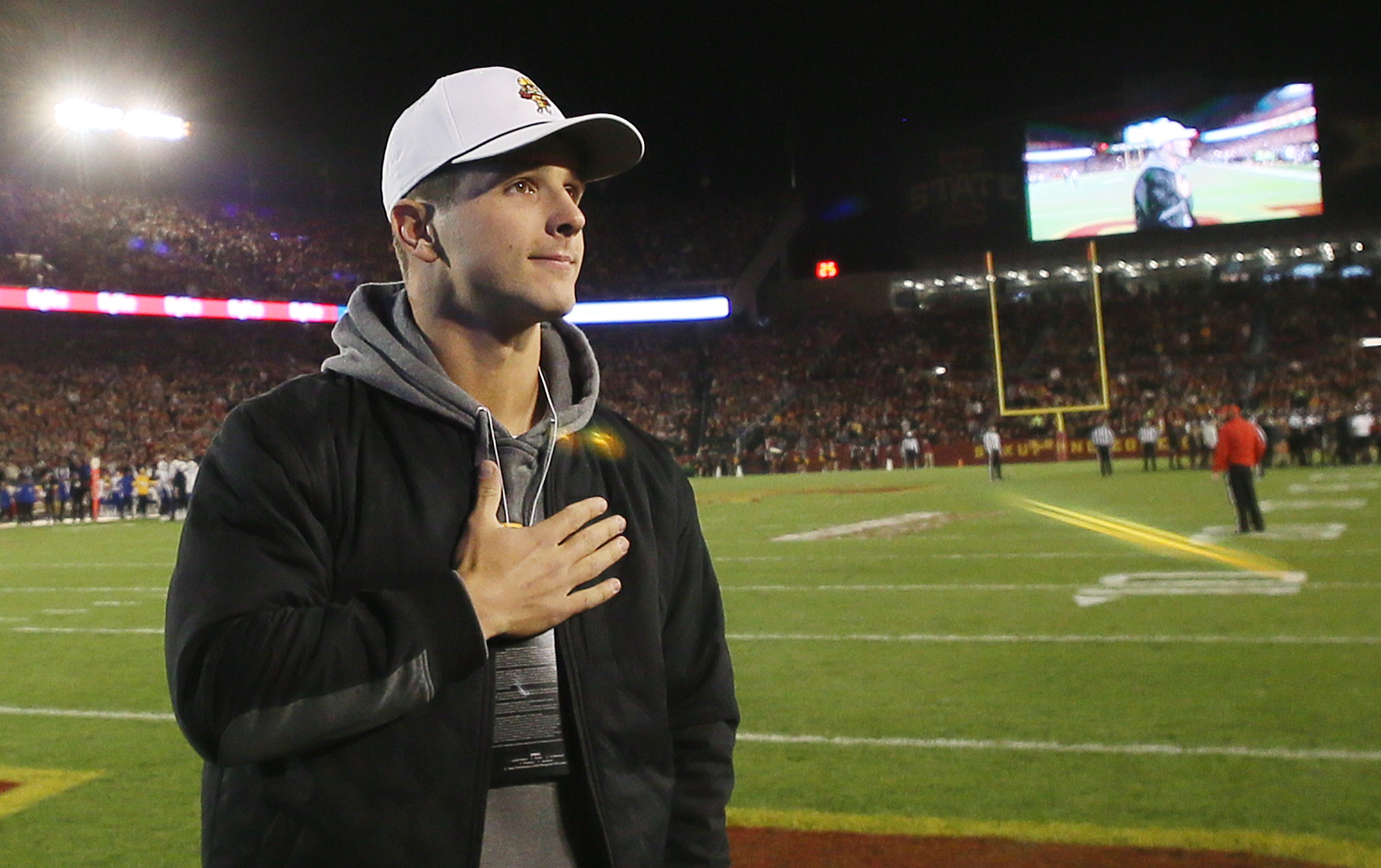 Former Iowa State and San Francisco 49ers quarterback Brock Purdy waves to the crowd as introduced during Iowa State and Kansas football at Jack Trice Stadium on Saturday, Nov. 4, 2023, in Ames, Iowa.