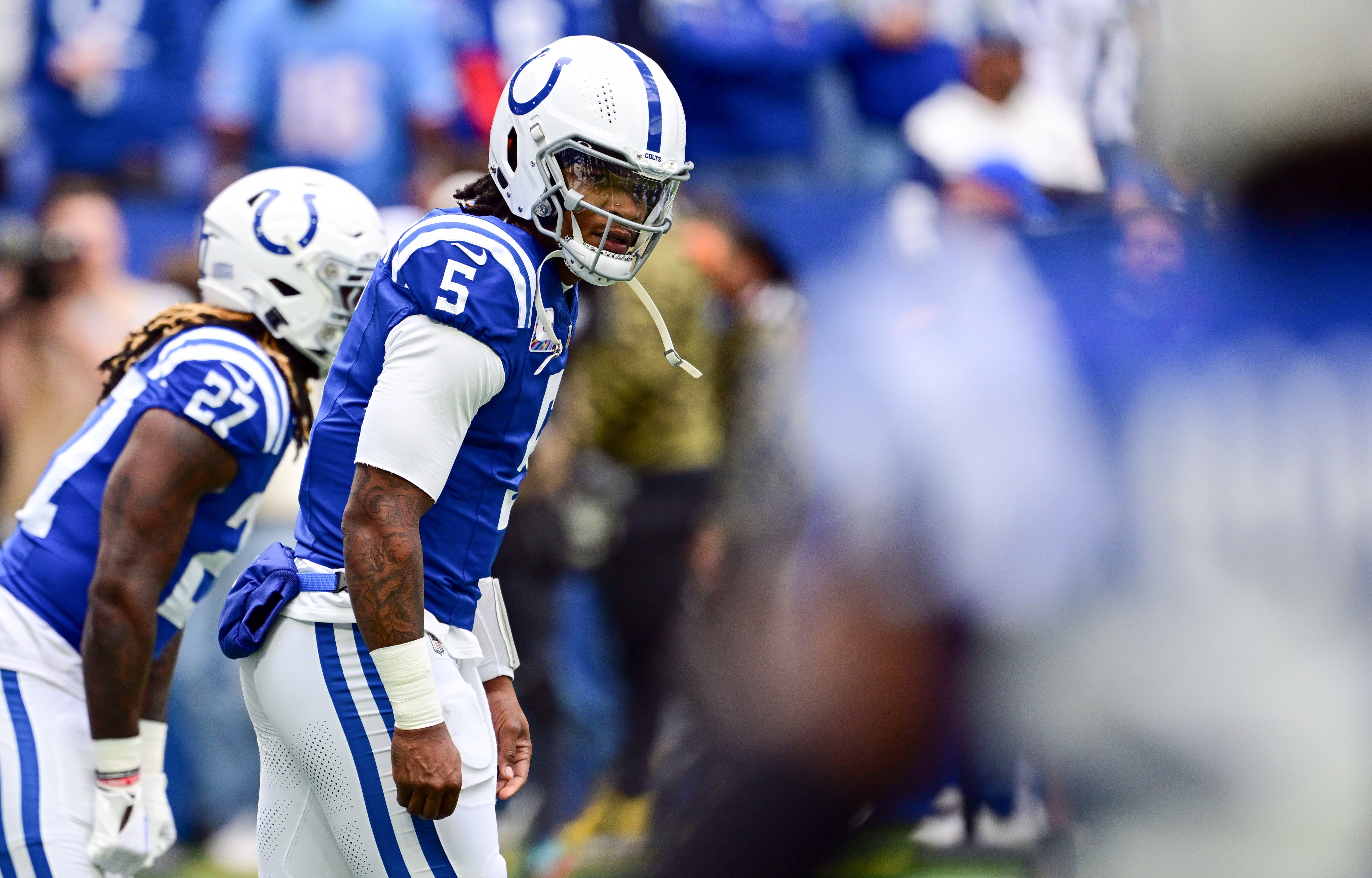 Oct 8, 2023; Indianapolis, Indiana, USA; Indianapolis Colts quarterback Anthony Richardson (5) looks at a receiver during warm ups before the game against the Tennessee Titans at Lucas Oil Stadium.