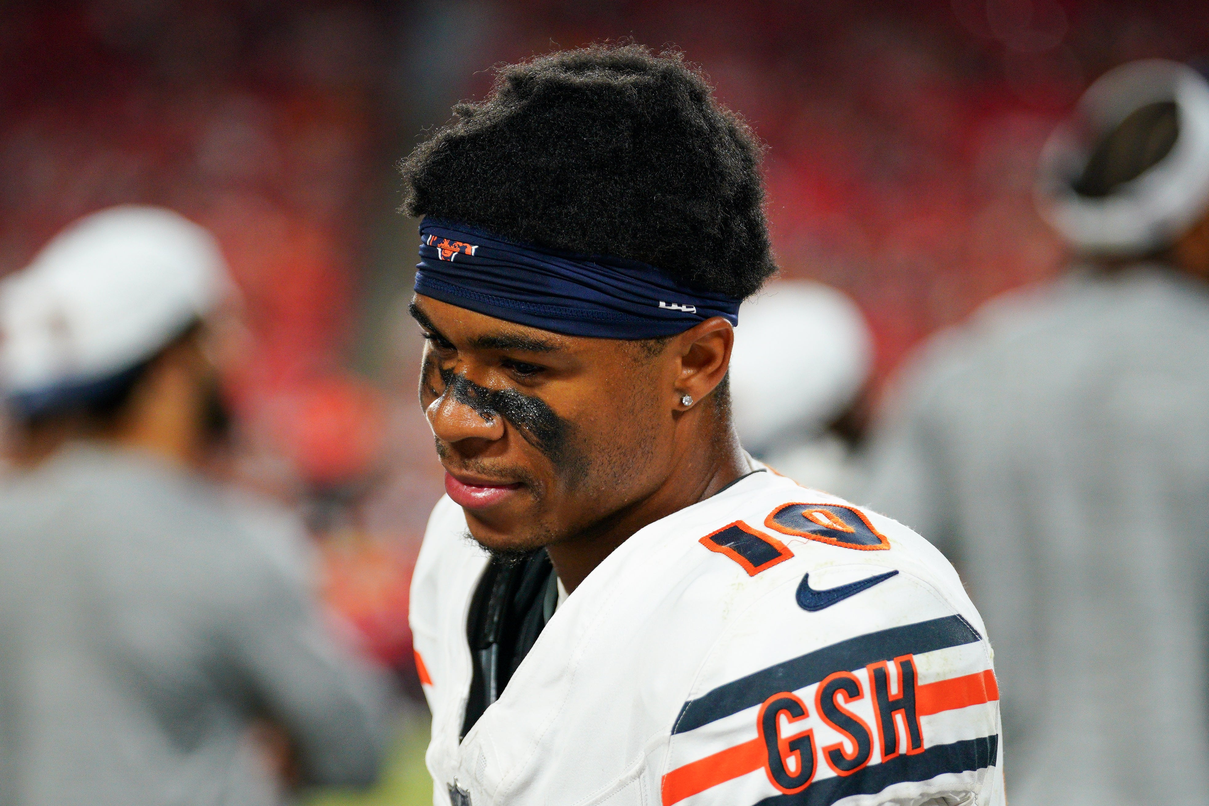 Aug 22, 2024; Kansas City, Missouri, USA; Chicago Bears wide receiver Tyler Scott (10) on the sidelines against the Kansas City Chiefs during the game at GEHA Field at Arrowhead Stadium.