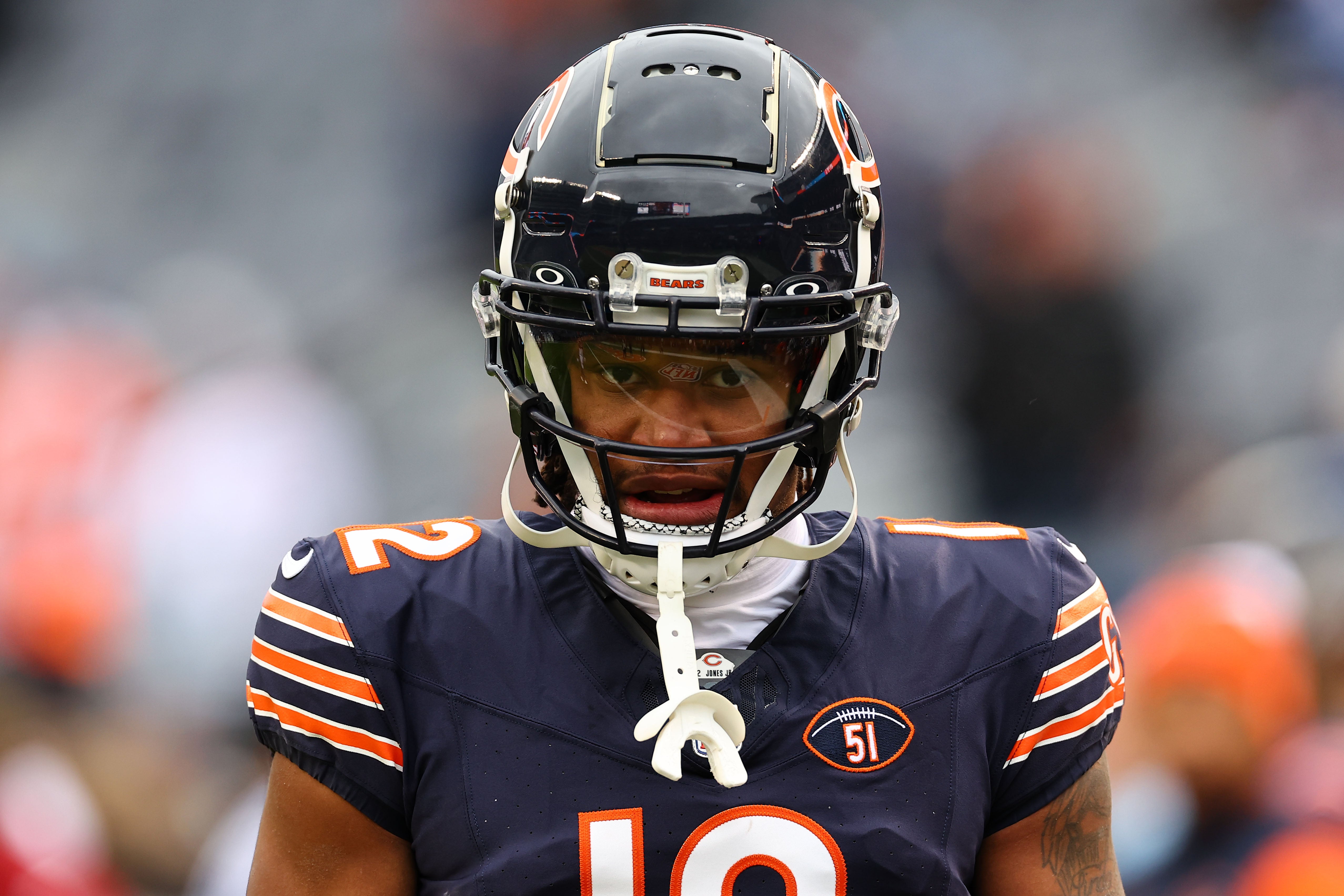 Dec 10, 2023; Chicago, Illinois, USA; Chicago Bears wide receiver Velus Jones Jr. (12) practices before the game against the Detroit Lions at Soldier Field.