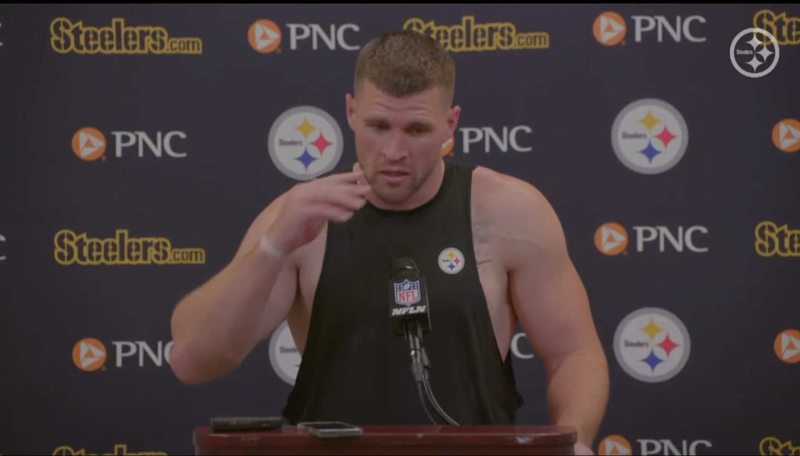 Pittsburgh Steelers EDGE Rusher T.J. Watt addresses the media following 18-10 win vs. Atlanta Falcons