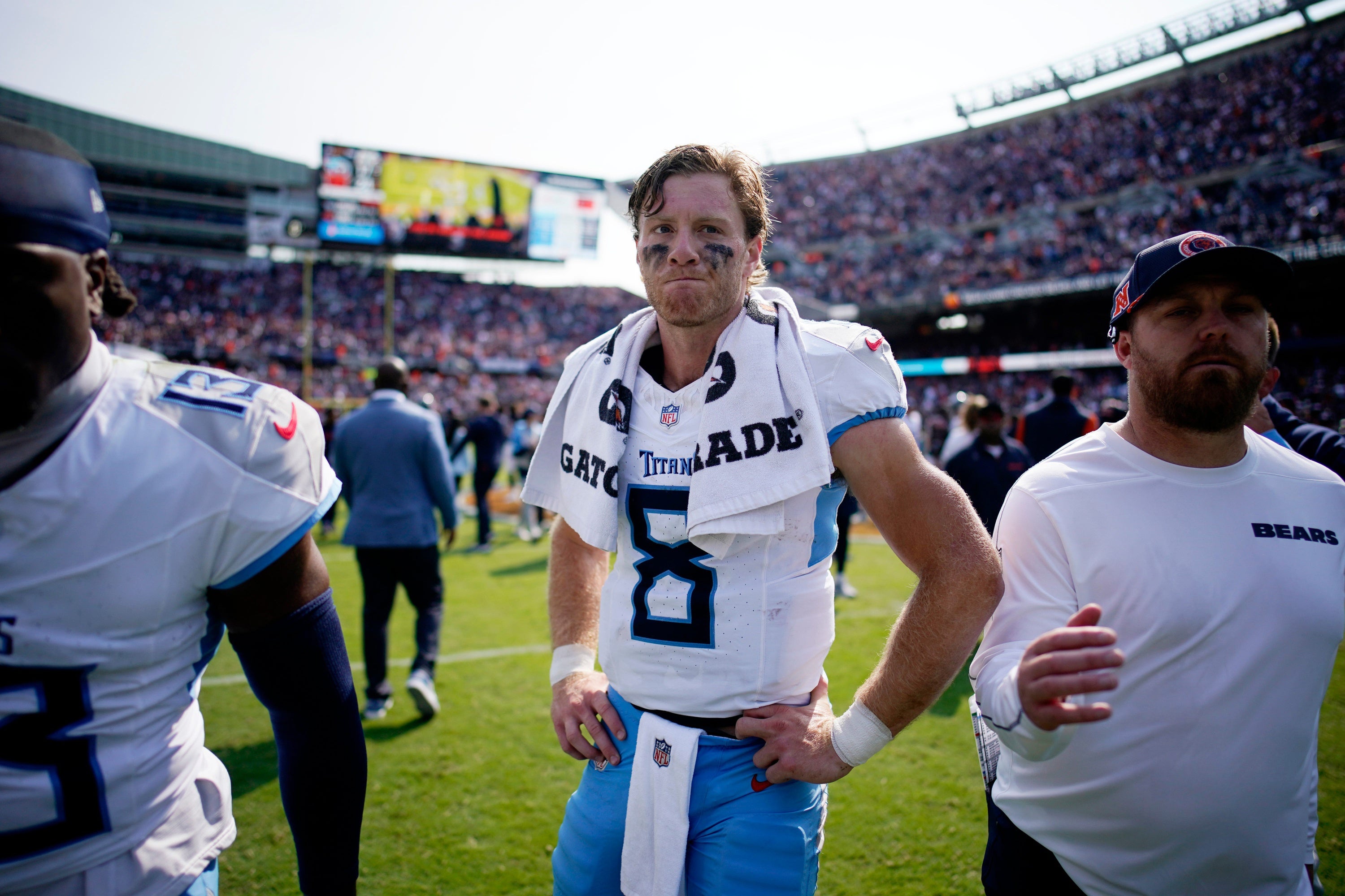Tennessee Titans quarterback Will Levis (8) on the field after their 24-17 loss against the Chicago Bears at Soldier Field in Chicago, Ill., Sunday, Sept. 8, 2024.