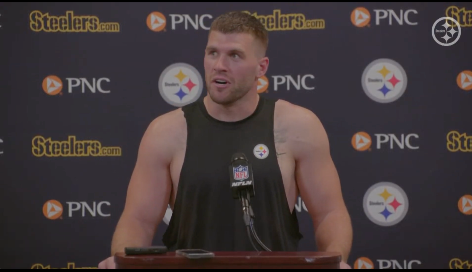 Pittsburgh Steelers pass rusher T.J. Watt addresses the media following 18-10 win vs. Atlanta Falcons