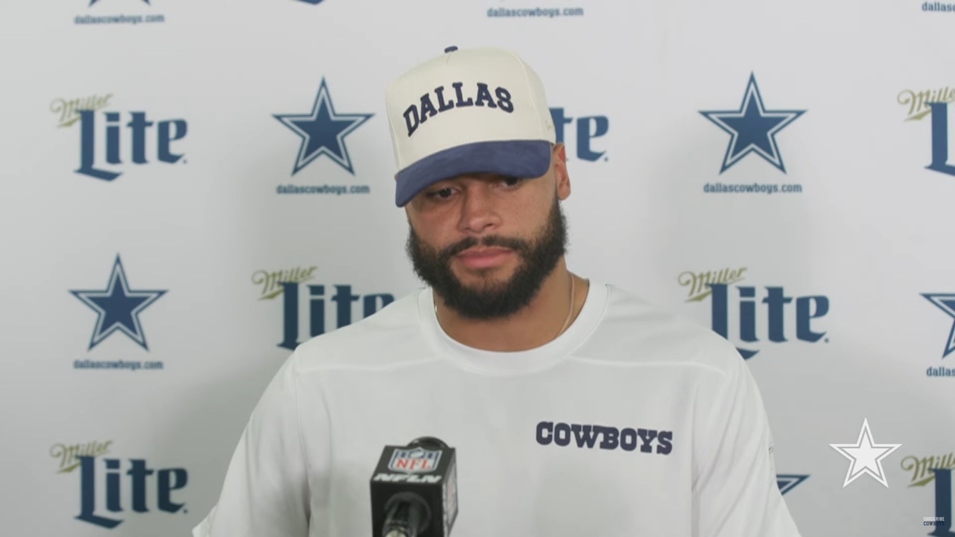Dallas Cowboys QB Dak Prescott talks to reporters after beating the Cleveland Browns in Week 1.