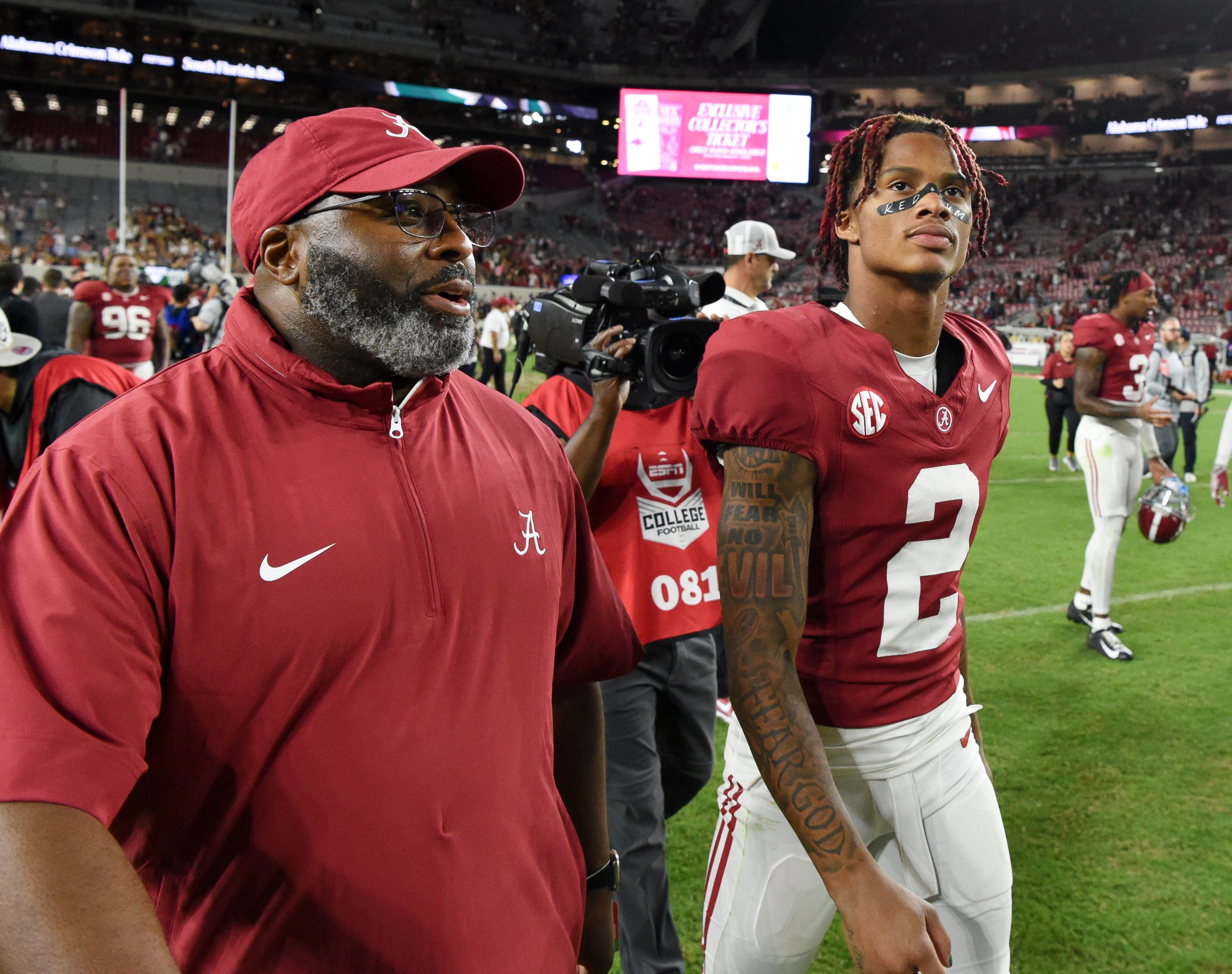 Sep 7, 2024; Tuscaloosa, Alabama, USA; Alabama Crimson Tide wide receiver Ryan Williams (2) leaves the field after defeating the South Florida Bulls at Bryant-Denny Stadium. Mandatory Credit: Gary Cosby Jr.-Imagn Images