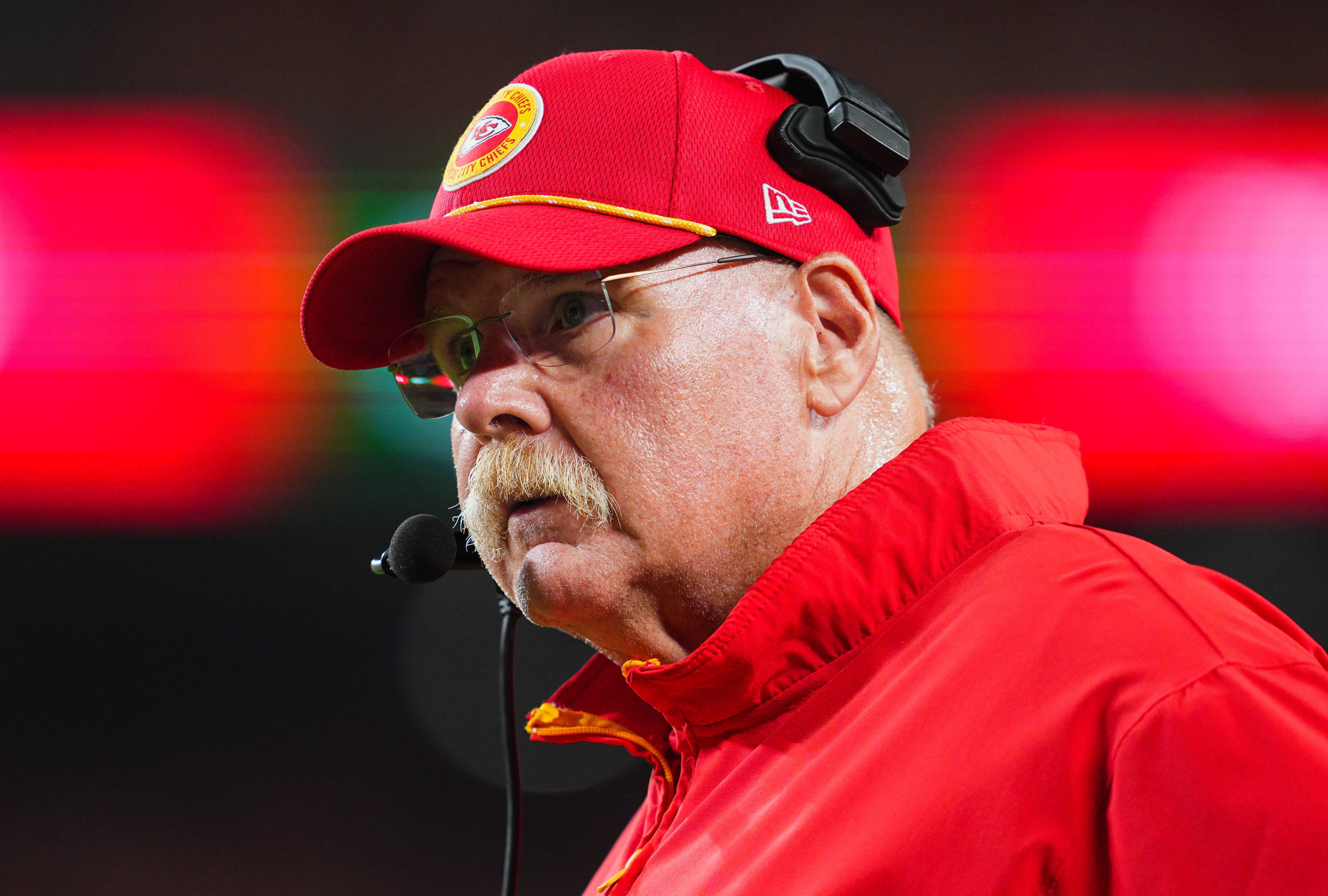 Sep 5, 2024; Kansas City, Missouri, USA; Kansas City Chiefs head coach Andy Reid reacts during the first half against the Baltimore Ravens at GEHA Field at Arrowhead Stadium.
