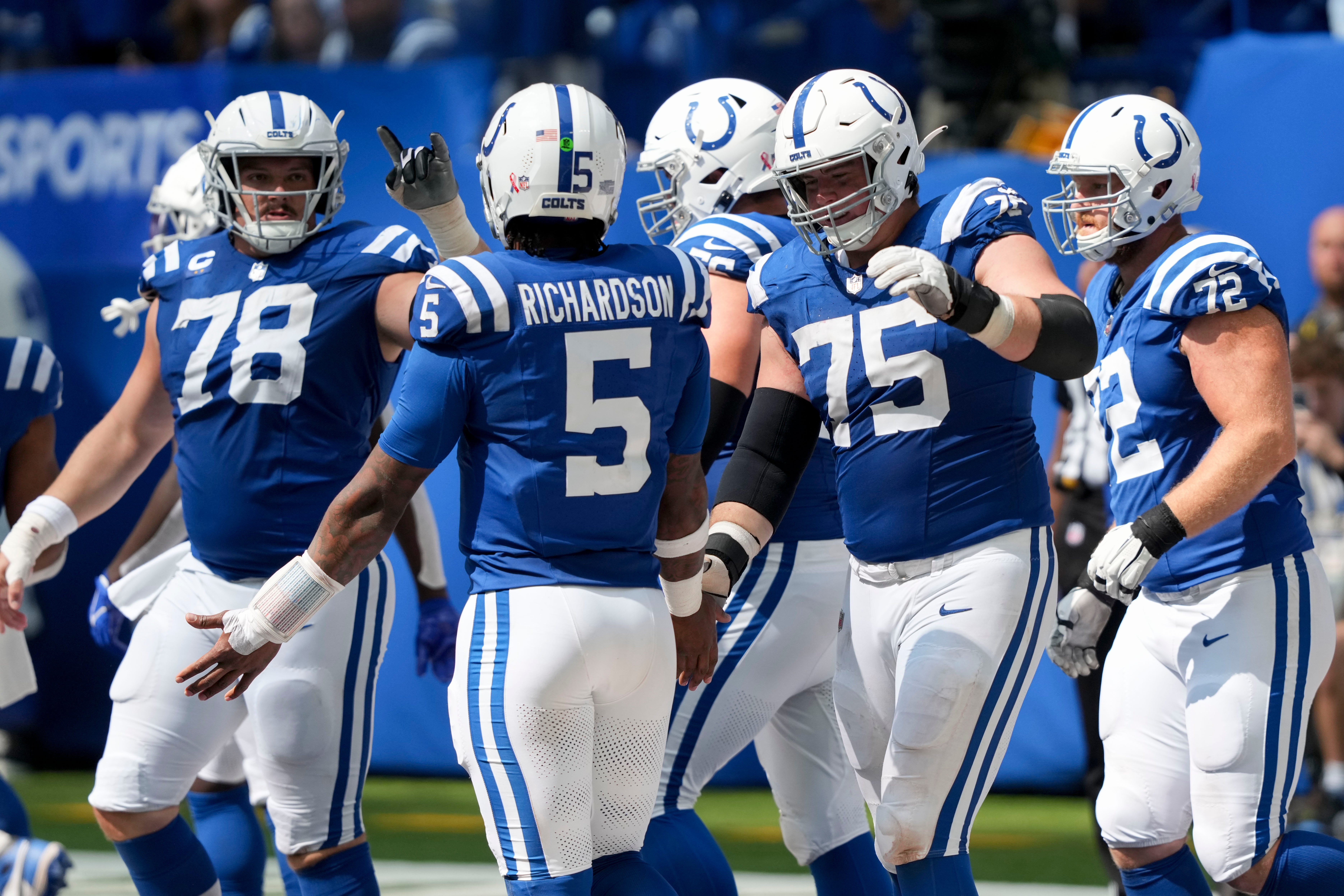 Colts quarterback Anthony Richardson (5) talks to the team during a game against the Houston Texans.