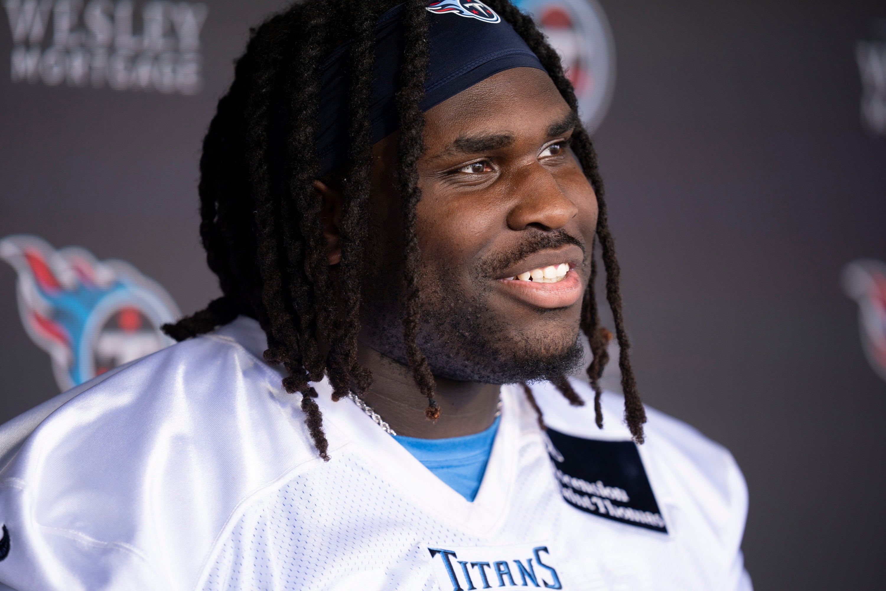 The Tennessee Titans second-round draft pick T'Vondre Sweat fields questions after workouts during rookie minicamp at Ascension Saint Thomas Sports Park in Nashville, Tenn., Friday, May 10, 2024.