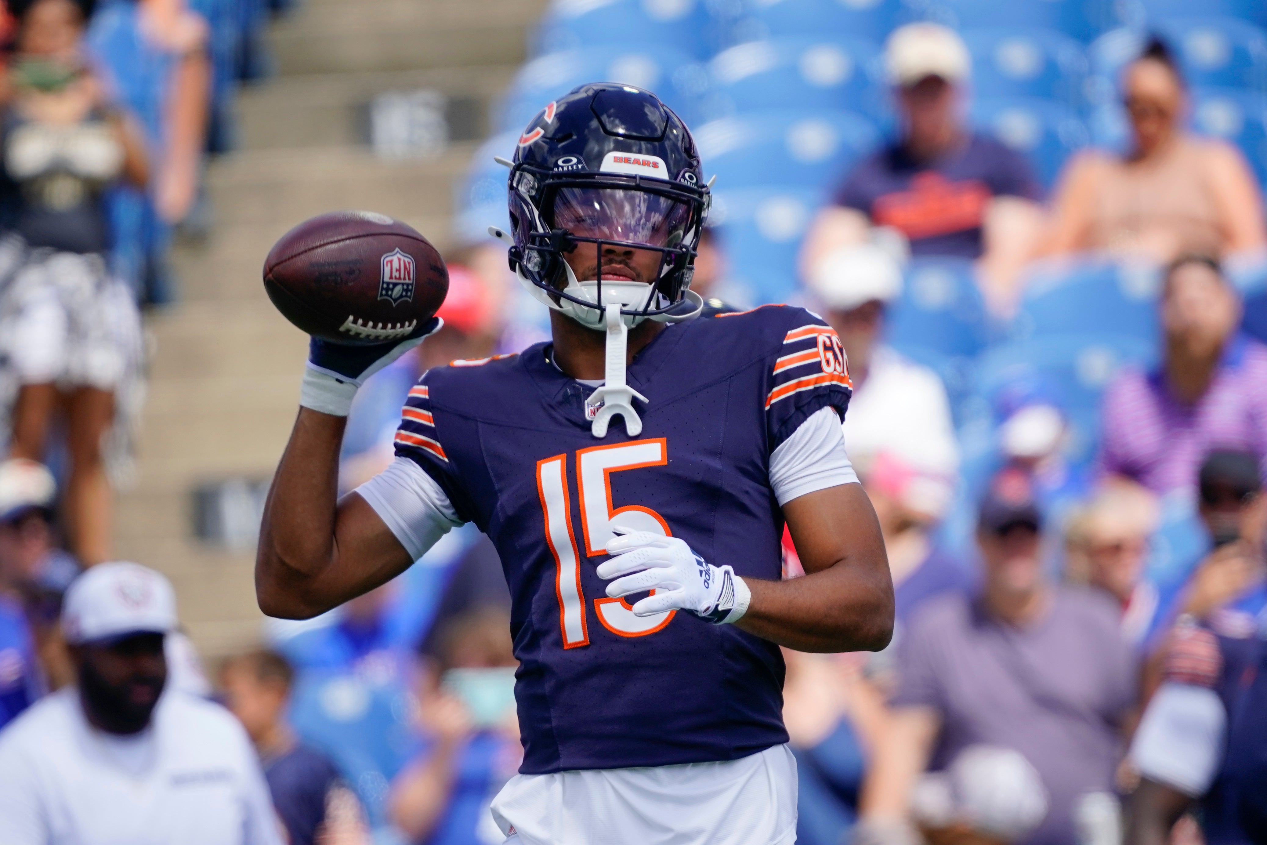 Aug 10, 2024; Orchard Park, New York, USA; Chicago Bears wide receiver Rome Odunze (15) warms up prior to the game against the Chicago Bears at Highmark Stadium.