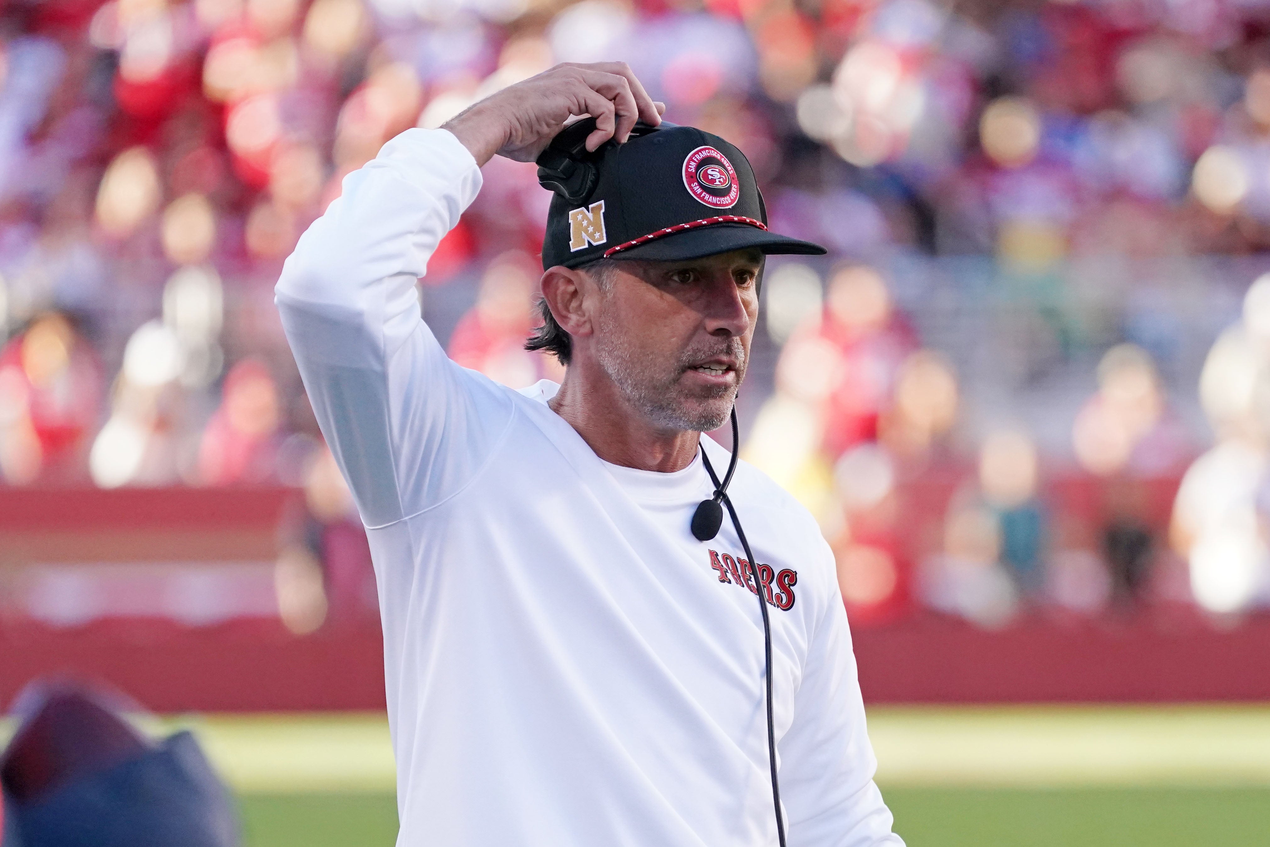 Sep 9, 2024; Santa Clara, California, USA; San Francisco 49ers head coach Kyle Shanahan on the sideline during the second quarter against the New York Jets at Levi's Stadium.