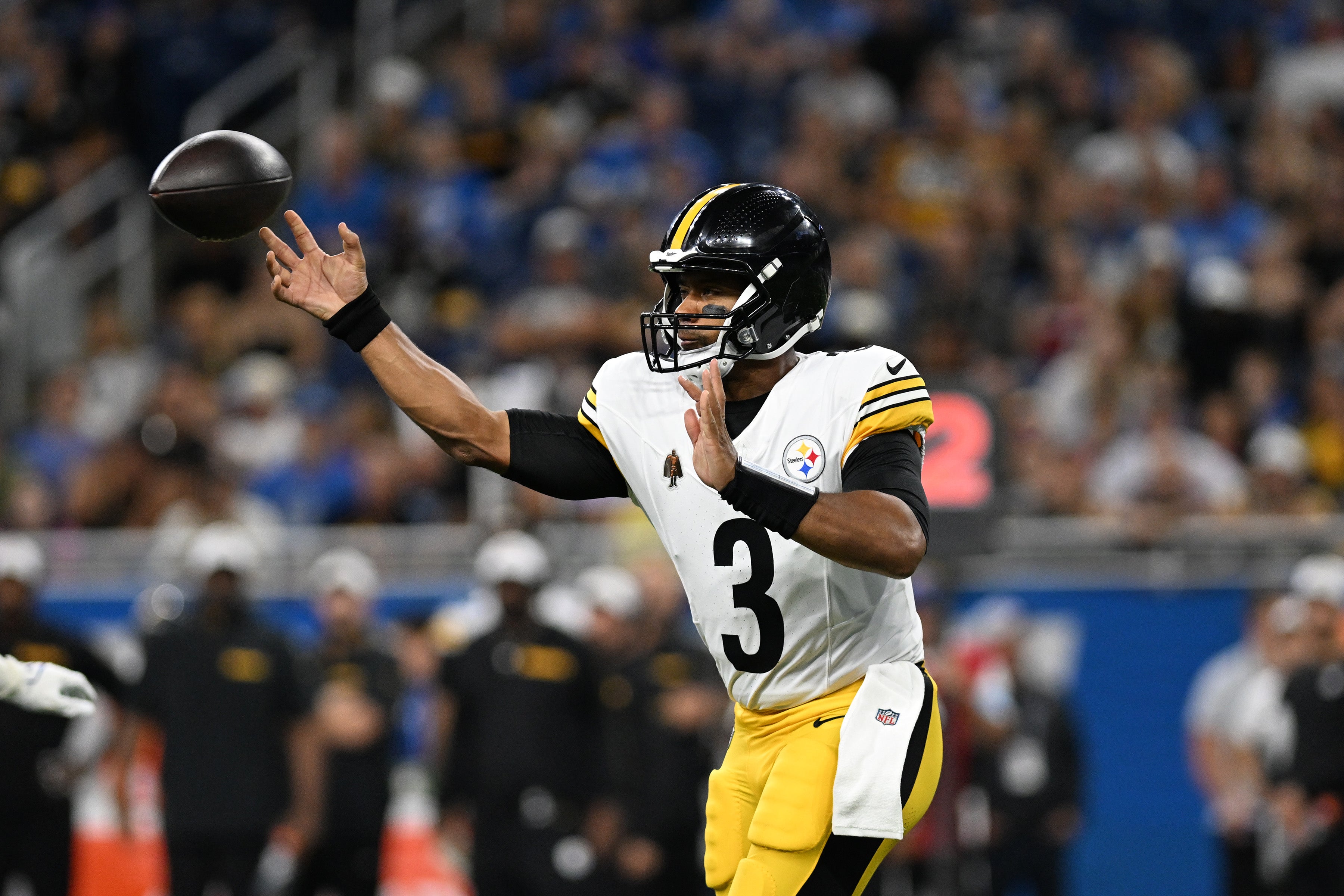 Aug 24, 2024; Detroit, Michigan, USA; Pittsburgh Steelers quarterback Russell Wilson (3) throws a pass against the Detroit Lions in the first quarter at Ford Field. Mandatory Credit: Lon Horwedel-Imagn Images